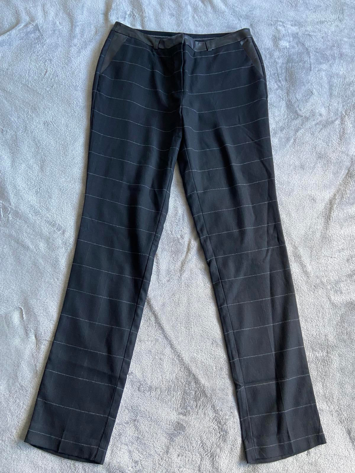 M&S Size 12 Long Blue & White Pinstripe Trousers Faux Leather Trim
