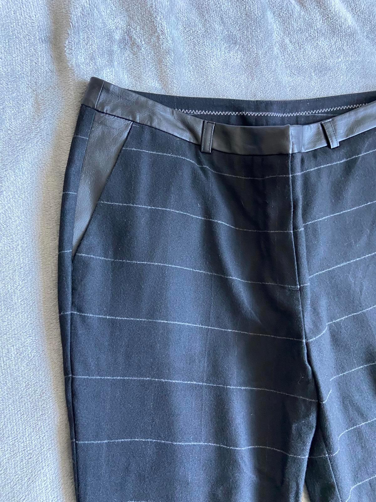 M&S Size 12 Long Blue & White Pinstripe Trousers Faux Leather Trim