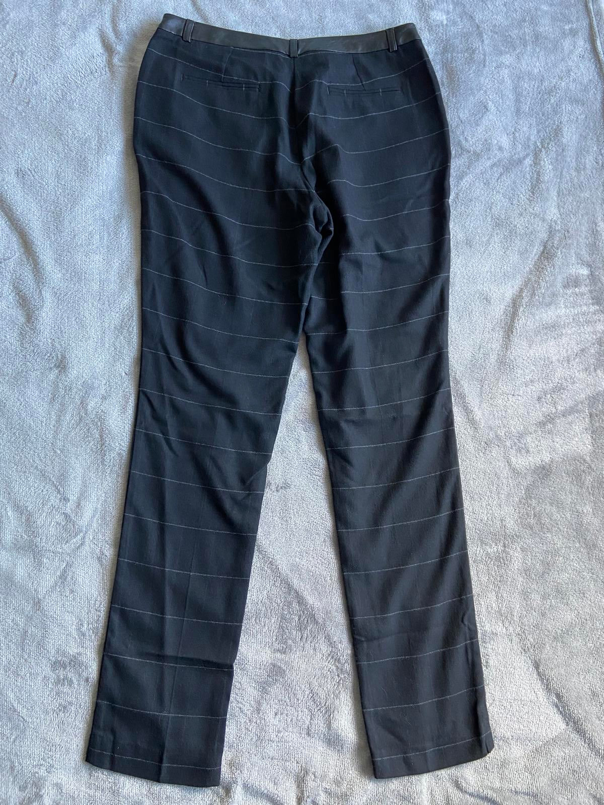 M&S Size 12 Long Blue & White Pinstripe Trousers Faux Leather Trim