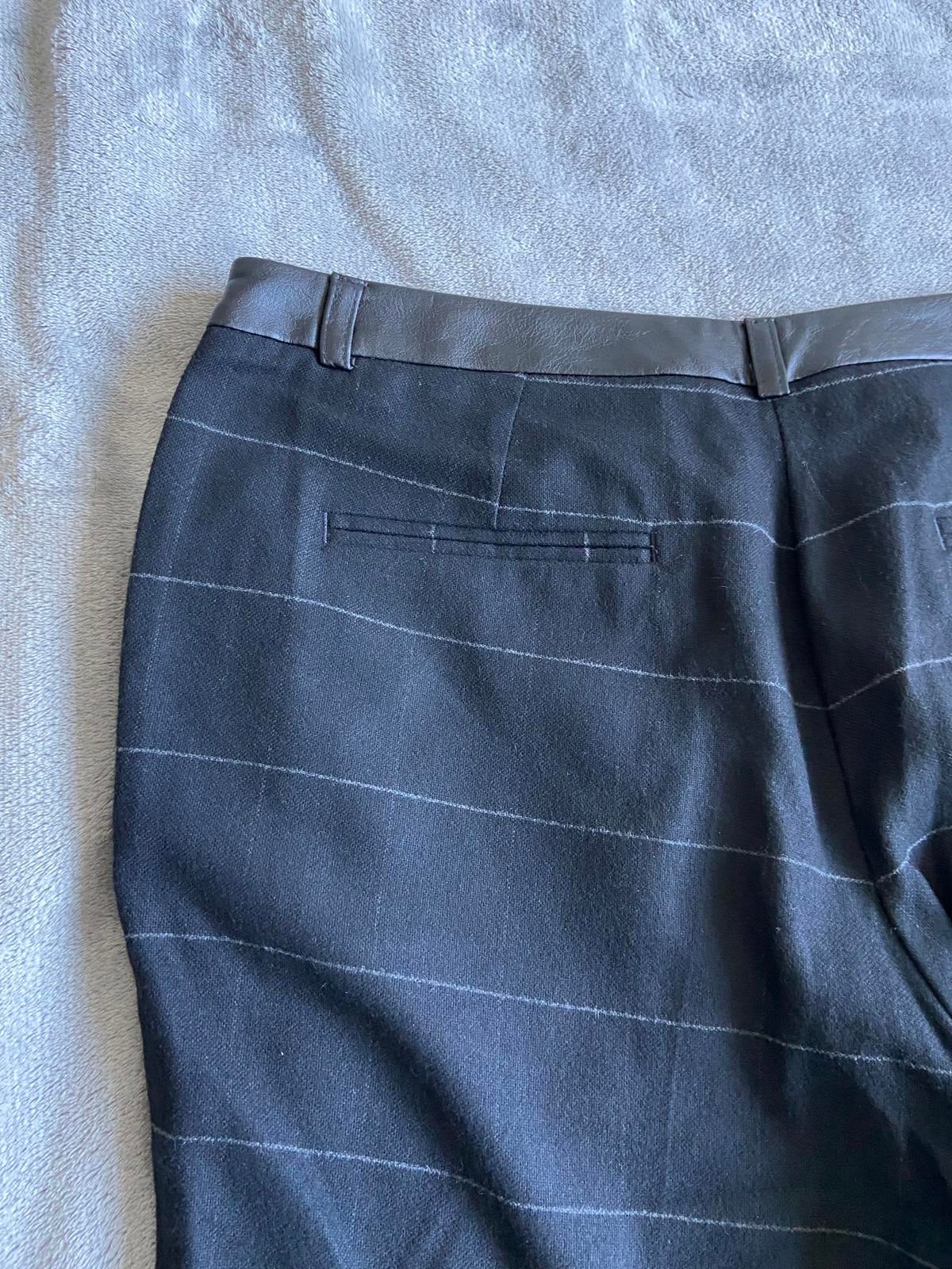 M&S Size 12 Long Blue & White Pinstripe Trousers Faux Leather Trim