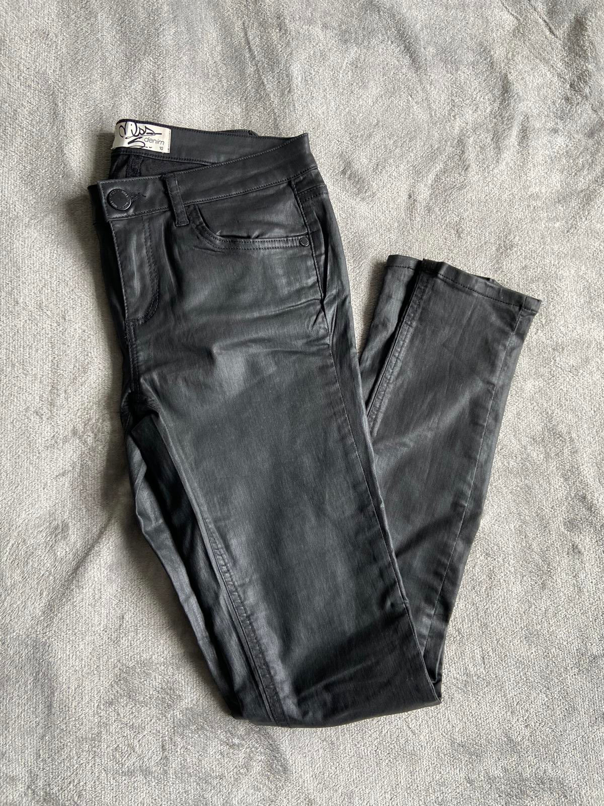Miss Denim Size 10 Black Faux Leather Coated Skinny Trousers