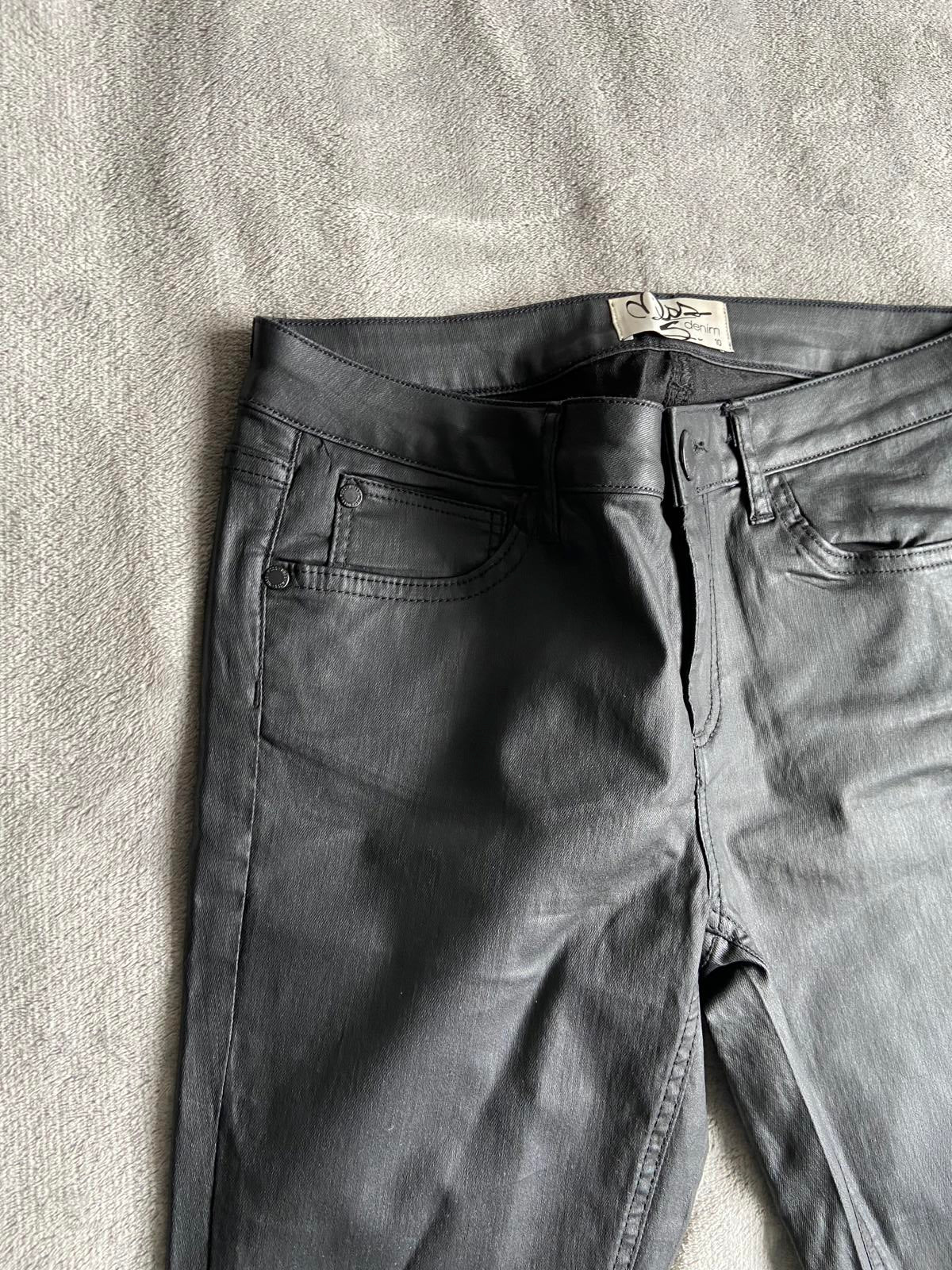 Miss Denim Size 10 Black Faux Leather Coated Skinny Trousers