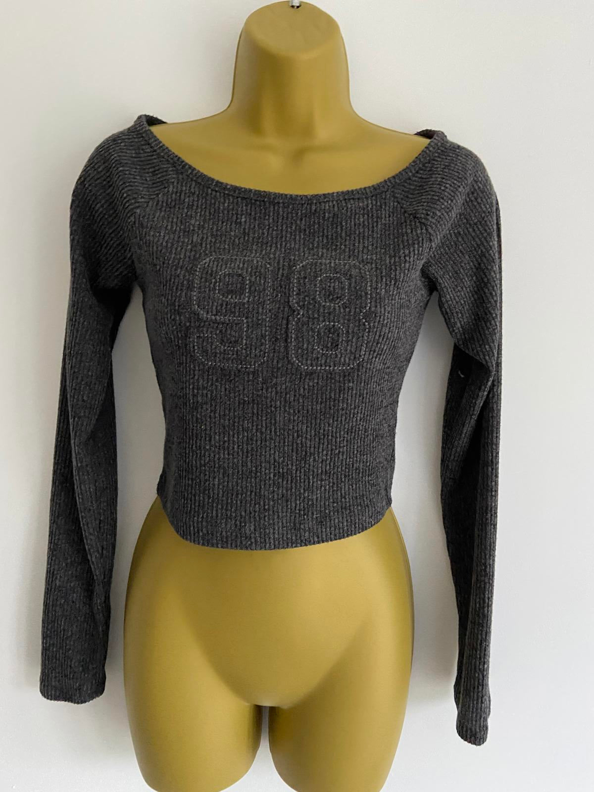 Primark Ladies Charcoal Grey Cropped Ribbed Sweater - 98 Graphic, Size Medium