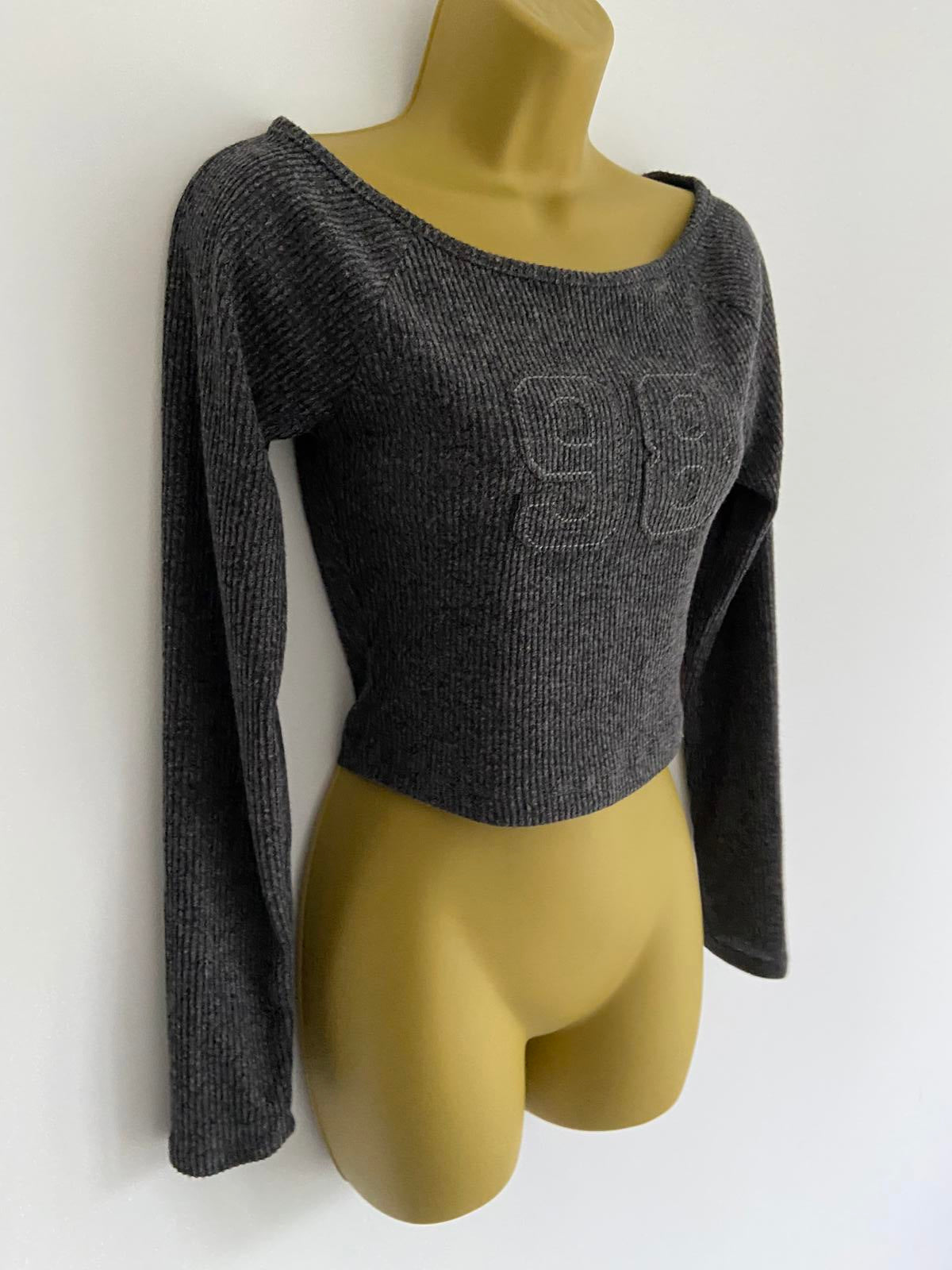 Primark Ladies Charcoal Grey Cropped Ribbed Sweater - 98 Graphic, Size Medium