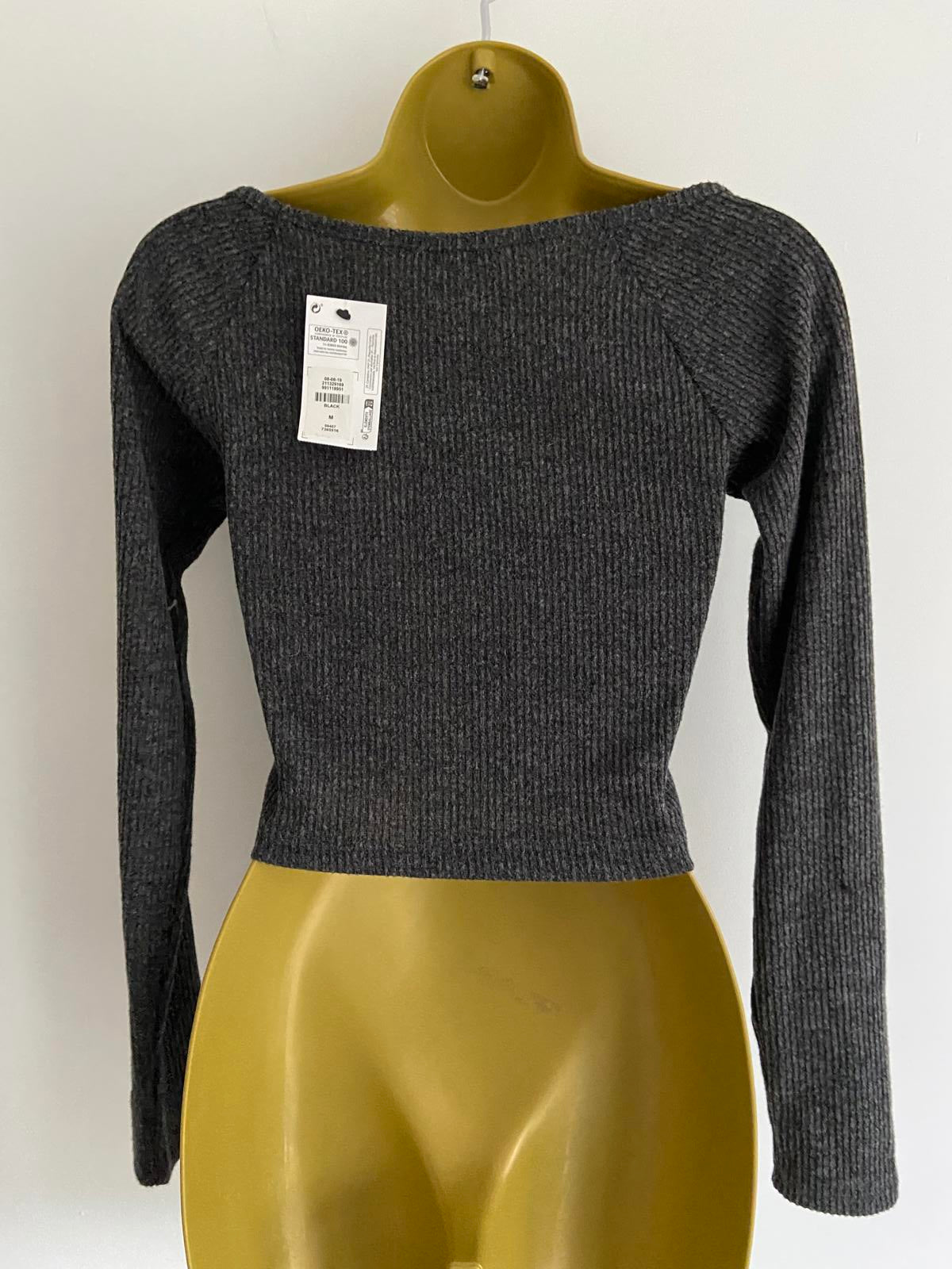 Primark Ladies Charcoal Grey Cropped Ribbed Sweater - 98 Graphic, Size Medium