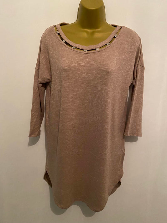 Papaya Ladies Light Pink Long-Line Sweater Top - Decorative Neckline, Size Small