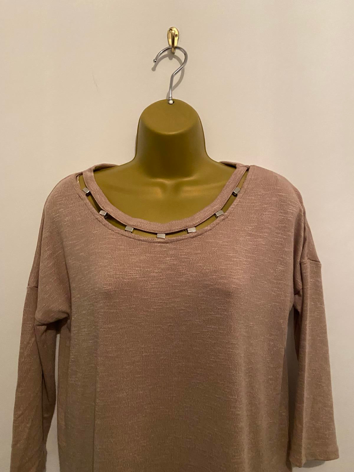 Papaya Ladies Light Pink Long-Line Sweater Top - Decorative Neckline, Size Small