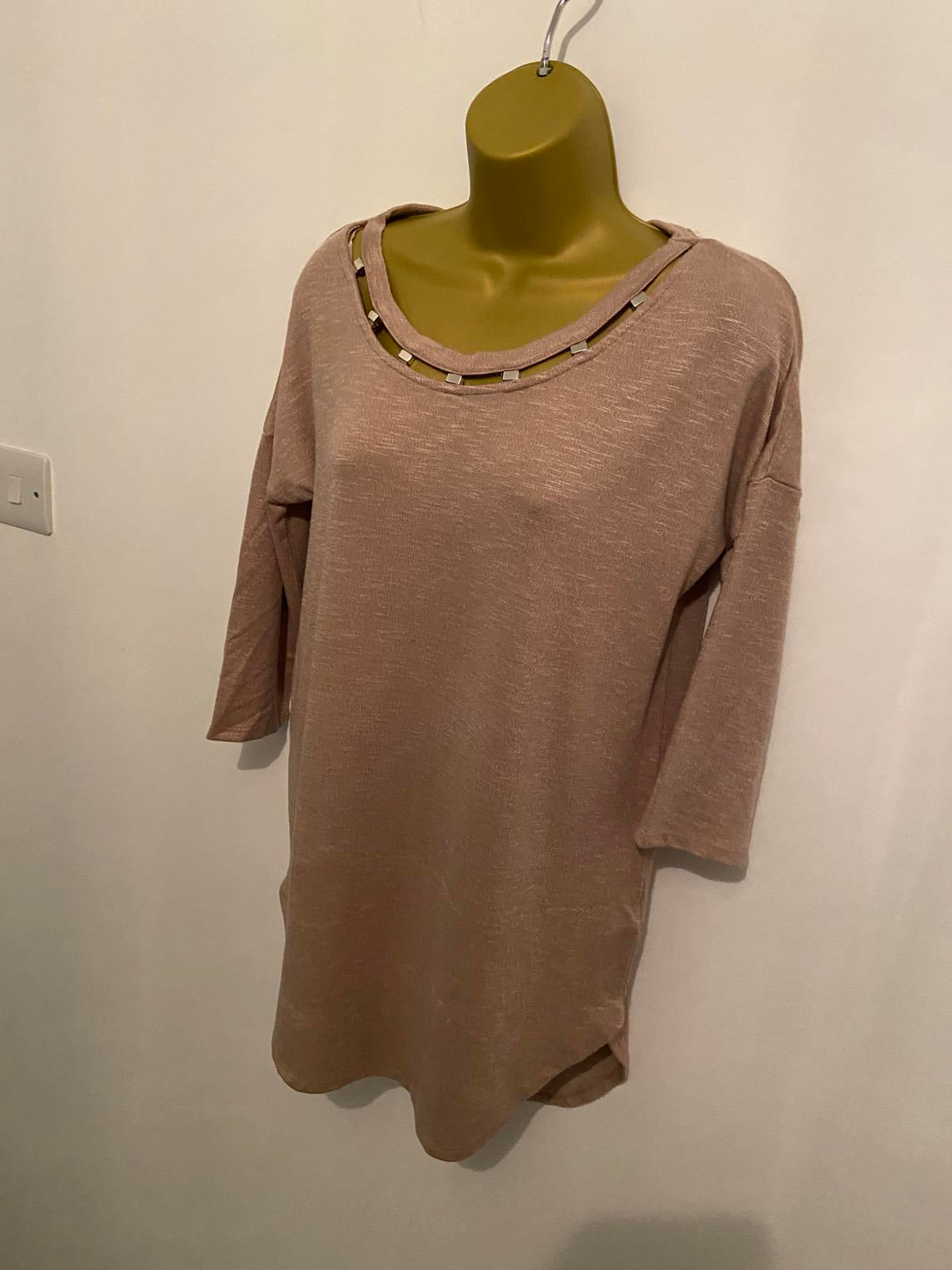 Papaya Ladies Light Pink Long-Line Sweater Top - Decorative Neckline, Size Small