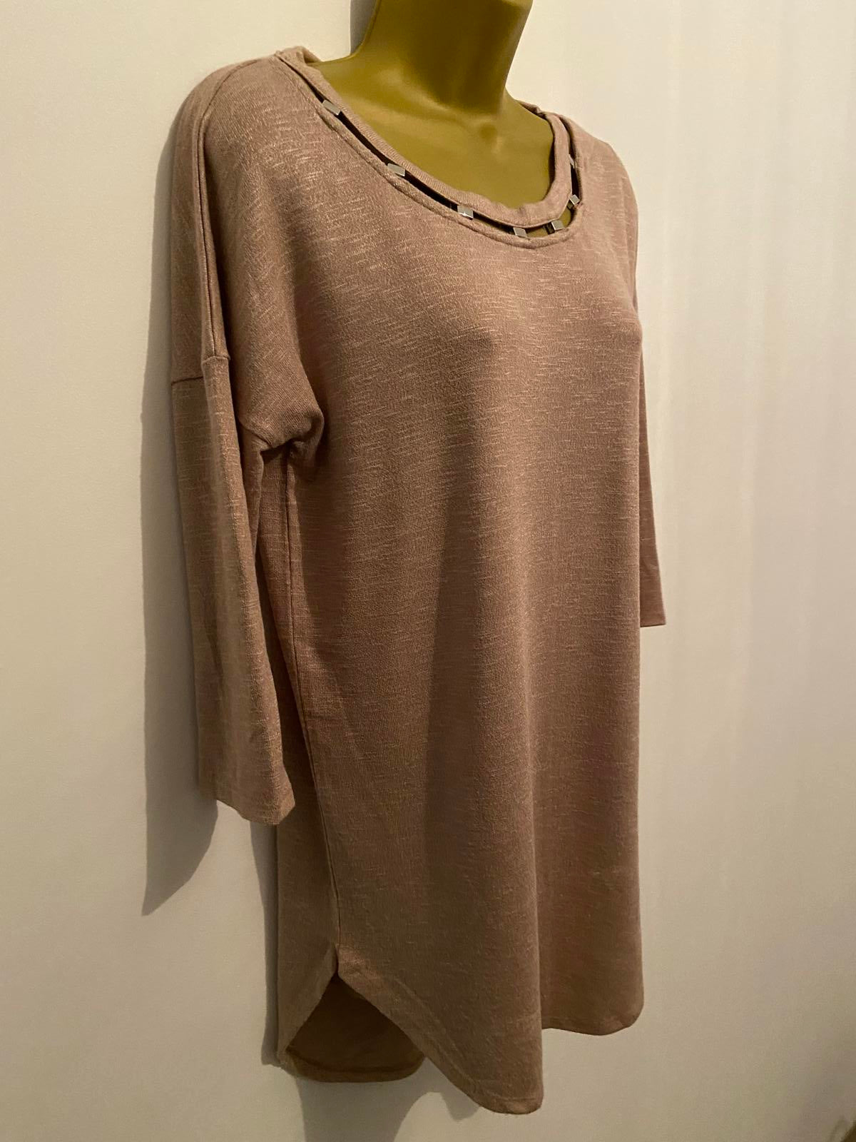 Papaya Ladies Light Pink Long-Line Sweater Top - Decorative Neckline, Size Small