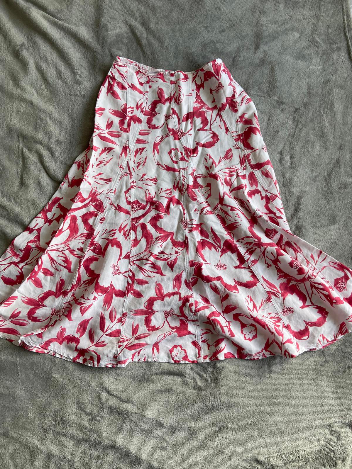 Ladies Size 14 White & Pink Floral Linen Blend A-Line Midi Skirt