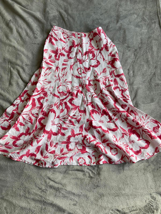 Ladies Size 14 White & Pink Floral Linen Blend A-Line Midi Skirt