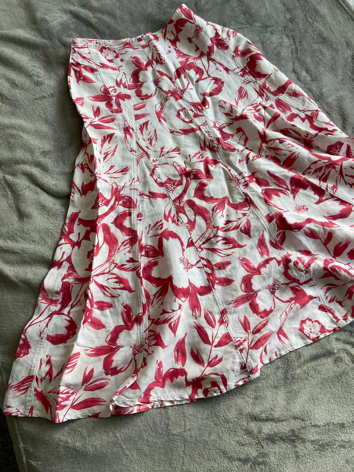 Ladies Size 14 White & Pink Floral Linen Blend A-Line Midi Skirt