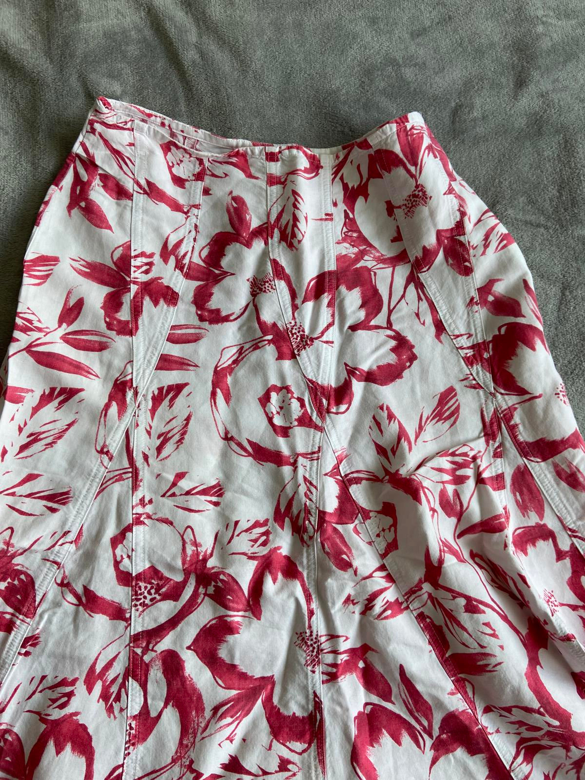 Ladies Size 14 White & Pink Floral Linen Blend A-Line Midi Skirt