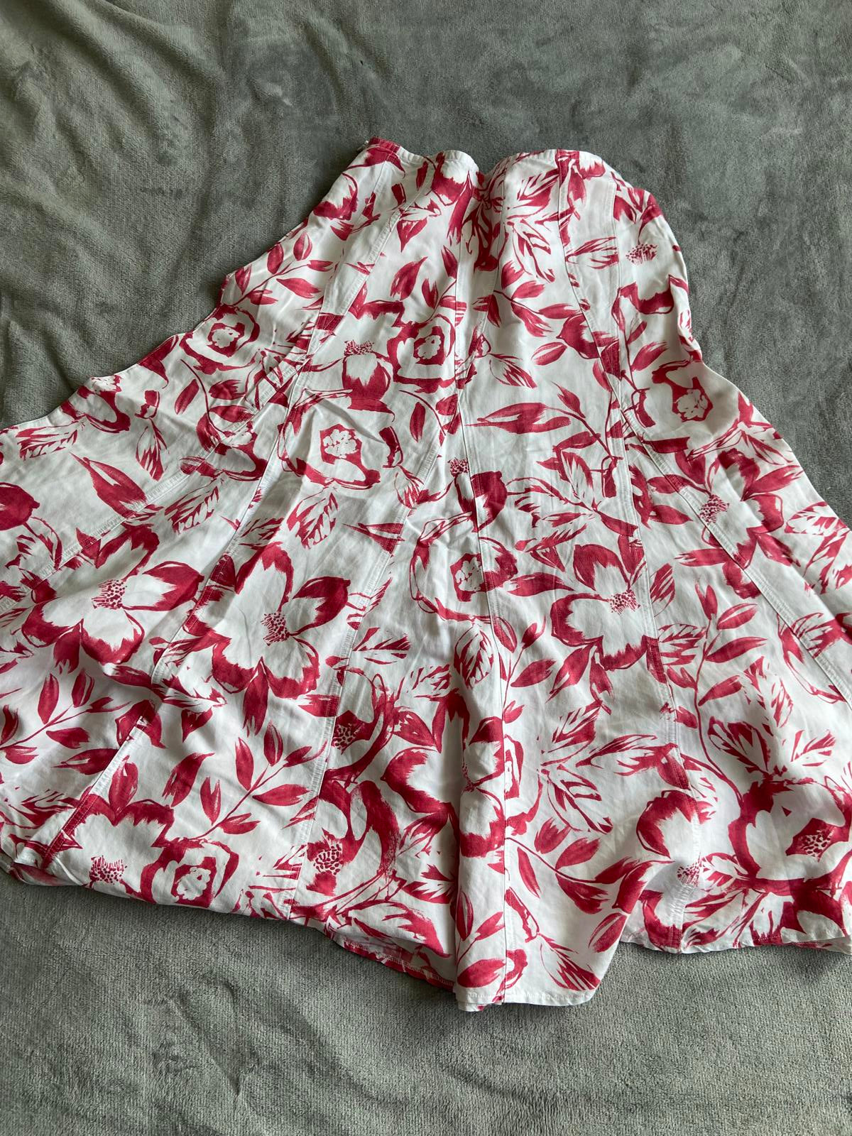 Ladies Size 14 White & Pink Floral Linen Blend A-Line Midi Skirt