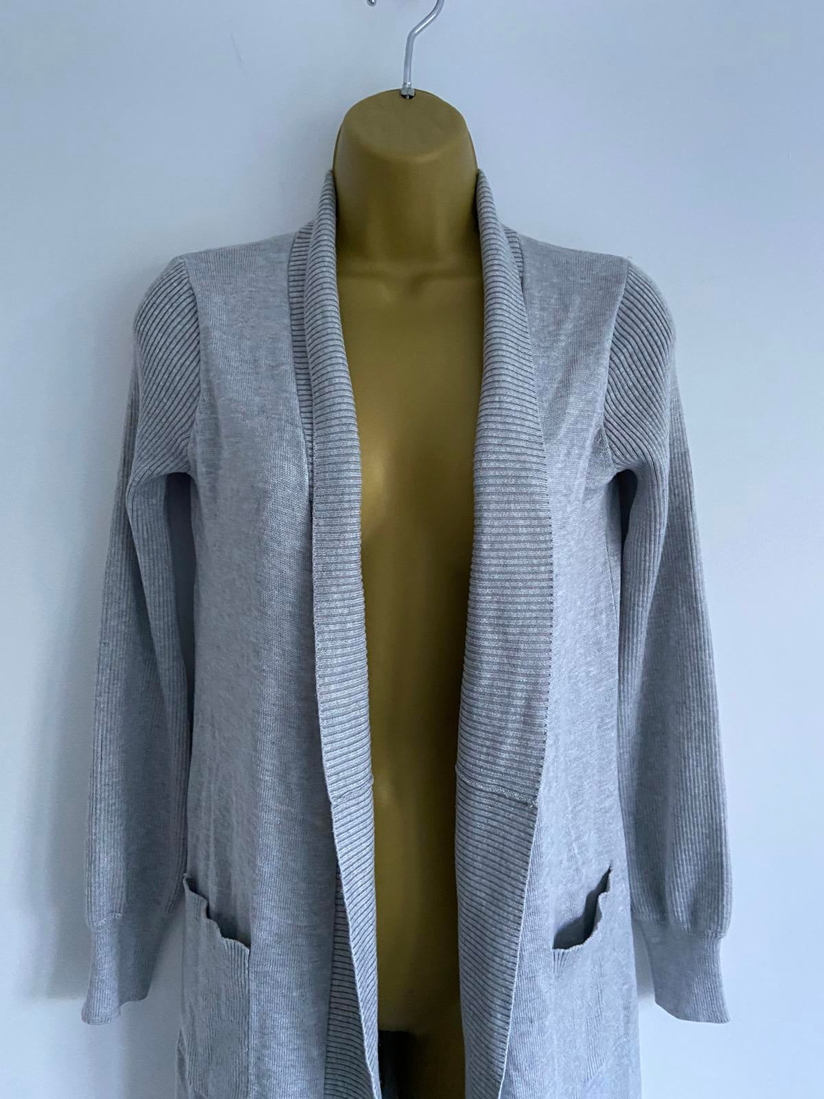 Primark Ladies Light Grey Longline Cardigan, Open Front, Size 2XS