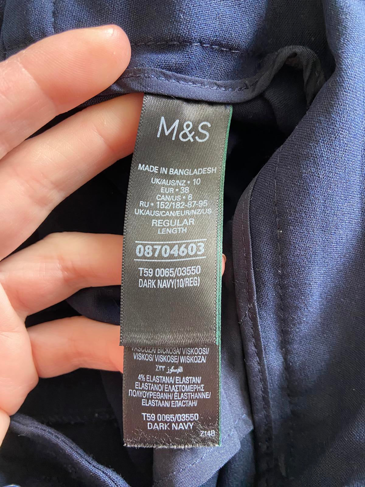 M&S Size 10 Regular Navy Blue Trousers Elasticated Waist 24" Leg
