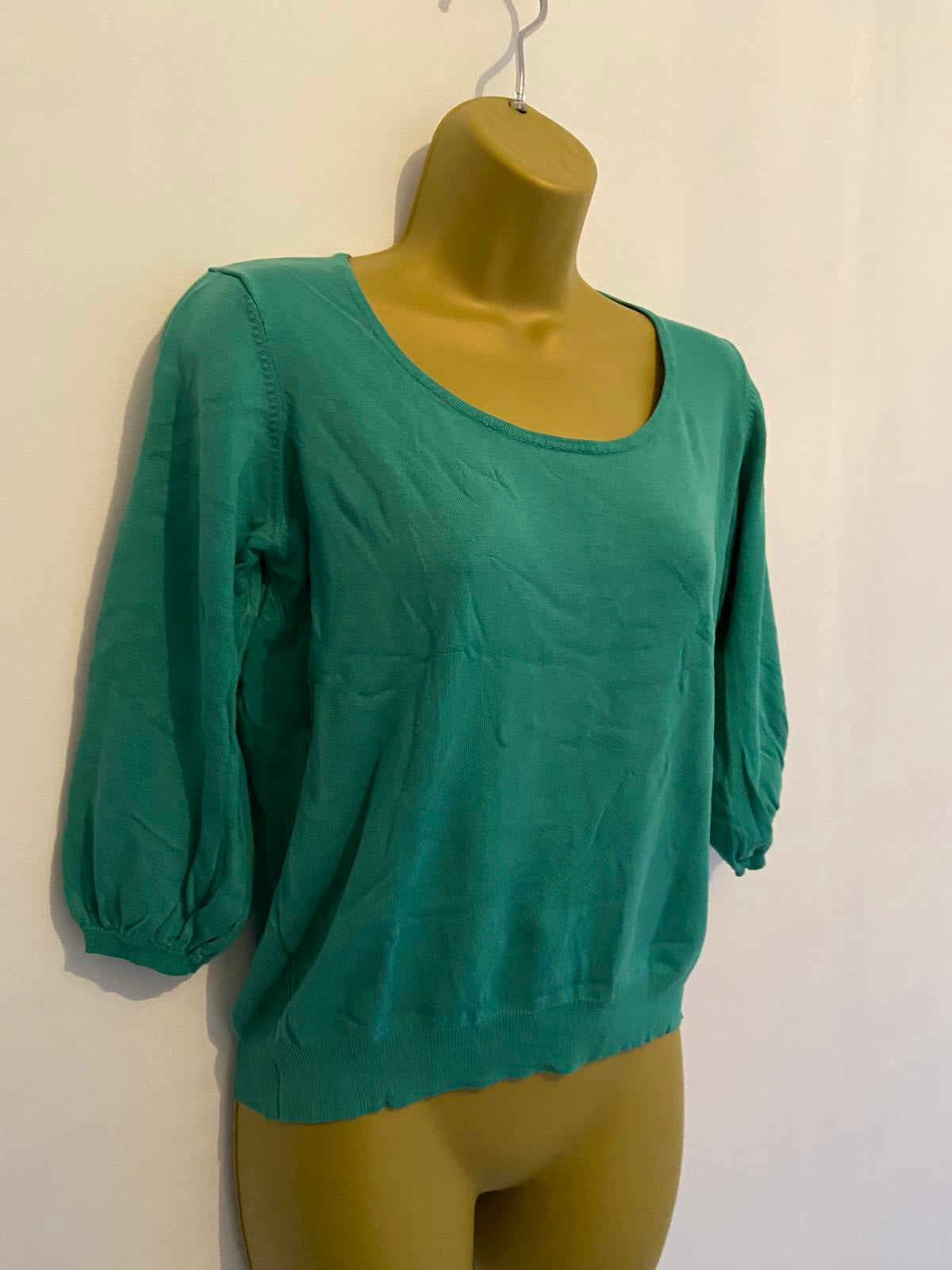 M&S Ladies Light Emerald Green Lightweight Sweater - Puffed Sleeve Knit, Size 16