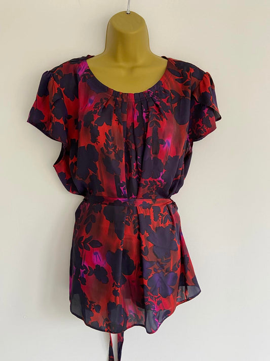 The Collection Debenhams Red & Blue Floral Blouse - Tie Waist, Size 22