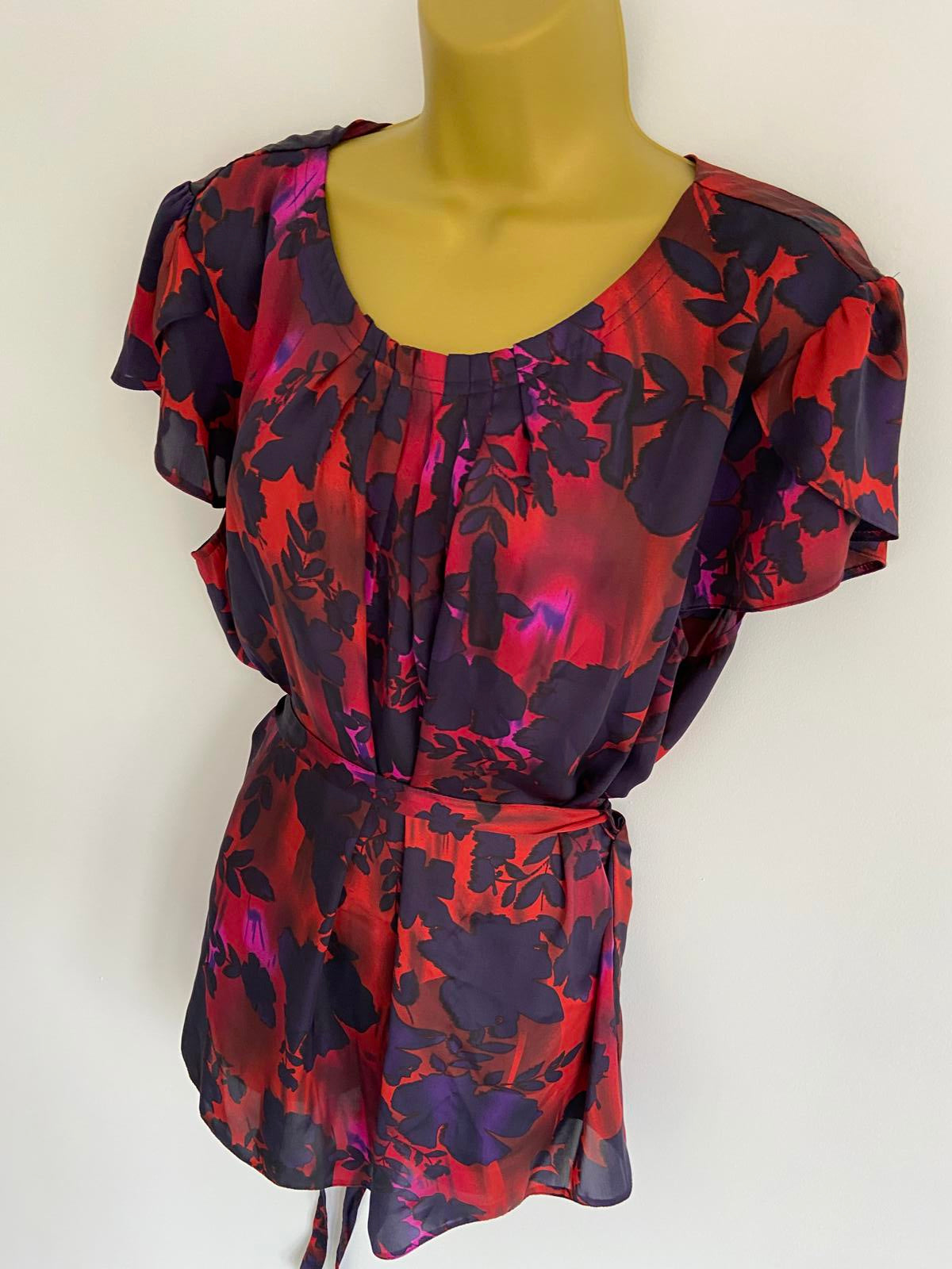 The Collection Debenhams Red & Blue Floral Blouse - Tie Waist, Size 22