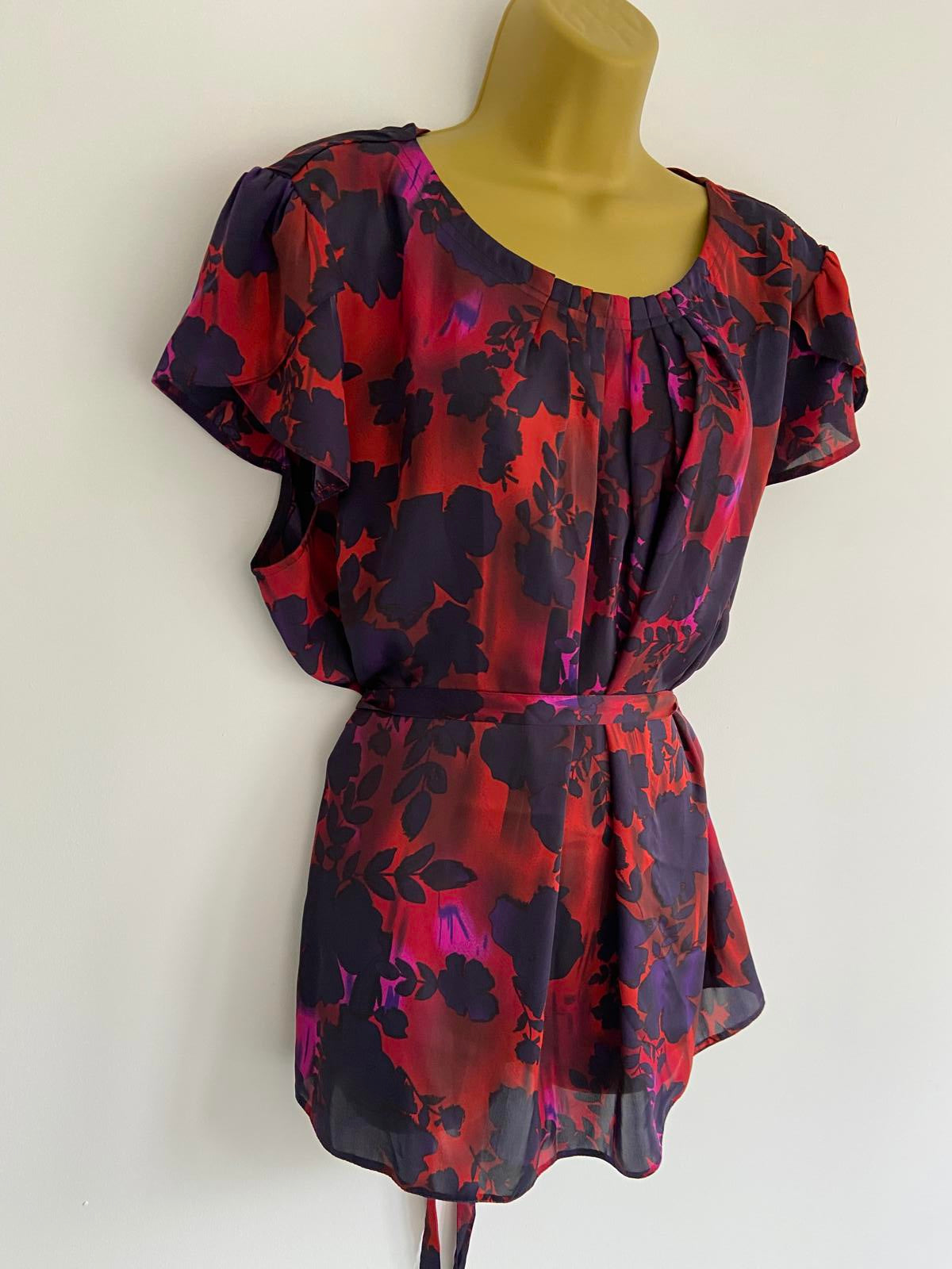 The Collection Debenhams Red & Blue Floral Blouse - Tie Waist, Size 22