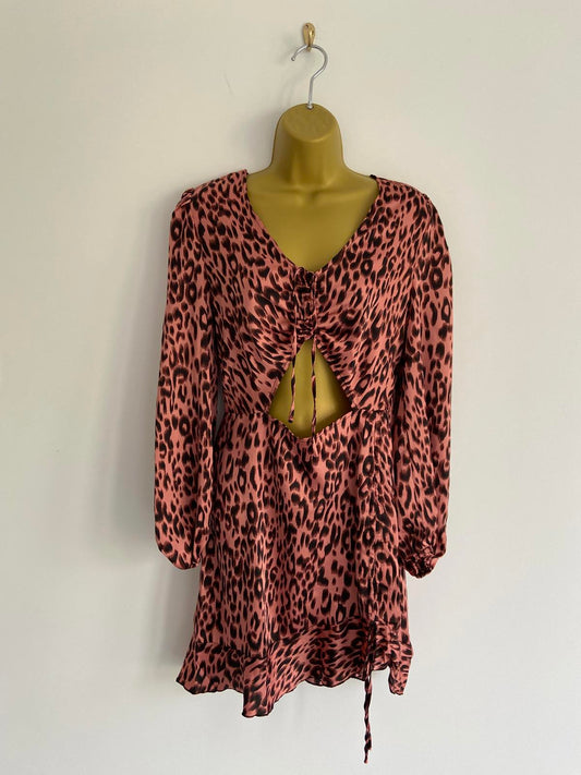 Ladies Pink Leopard Print Mini Dress - Long Sleeve, Size Small