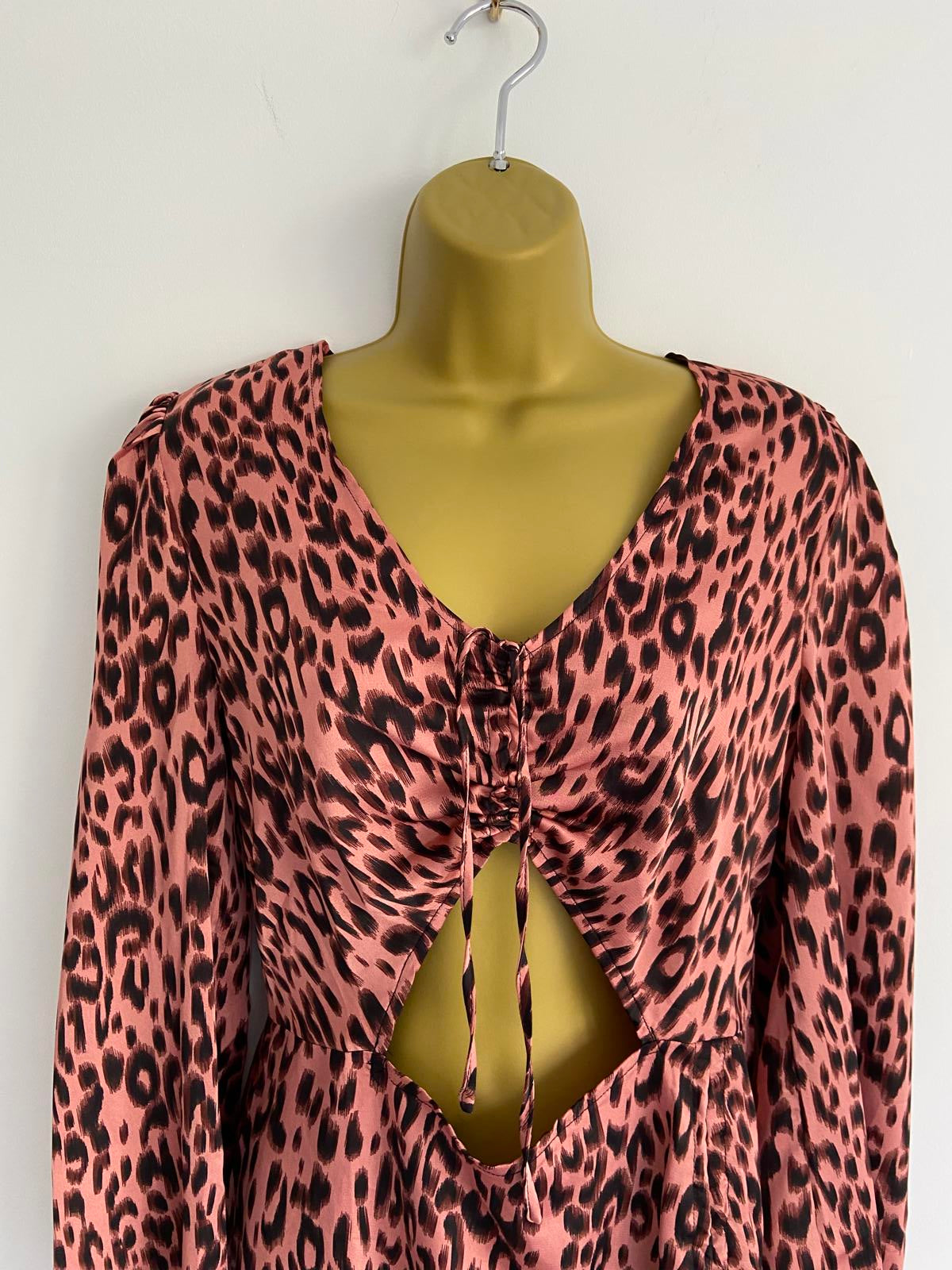 Ladies Pink Leopard Print Mini Dress - Long Sleeve, Size Small