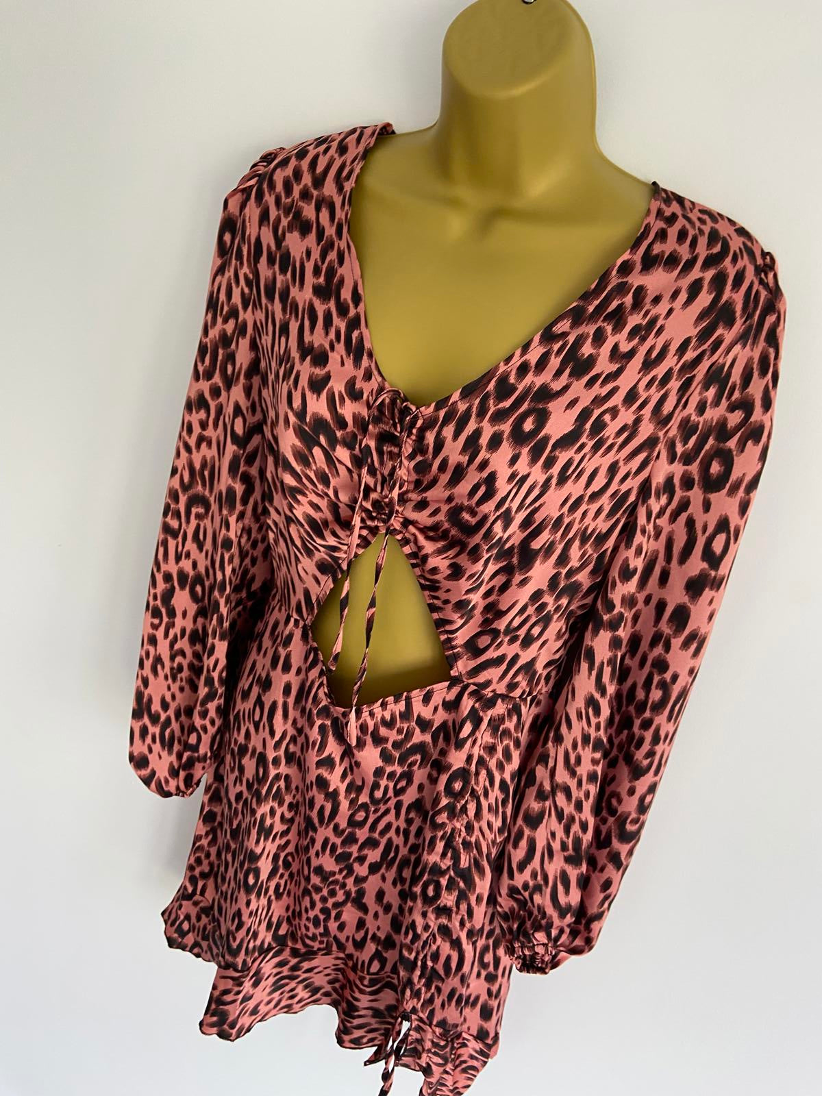 Ladies Pink Leopard Print Mini Dress - Long Sleeve, Size Small