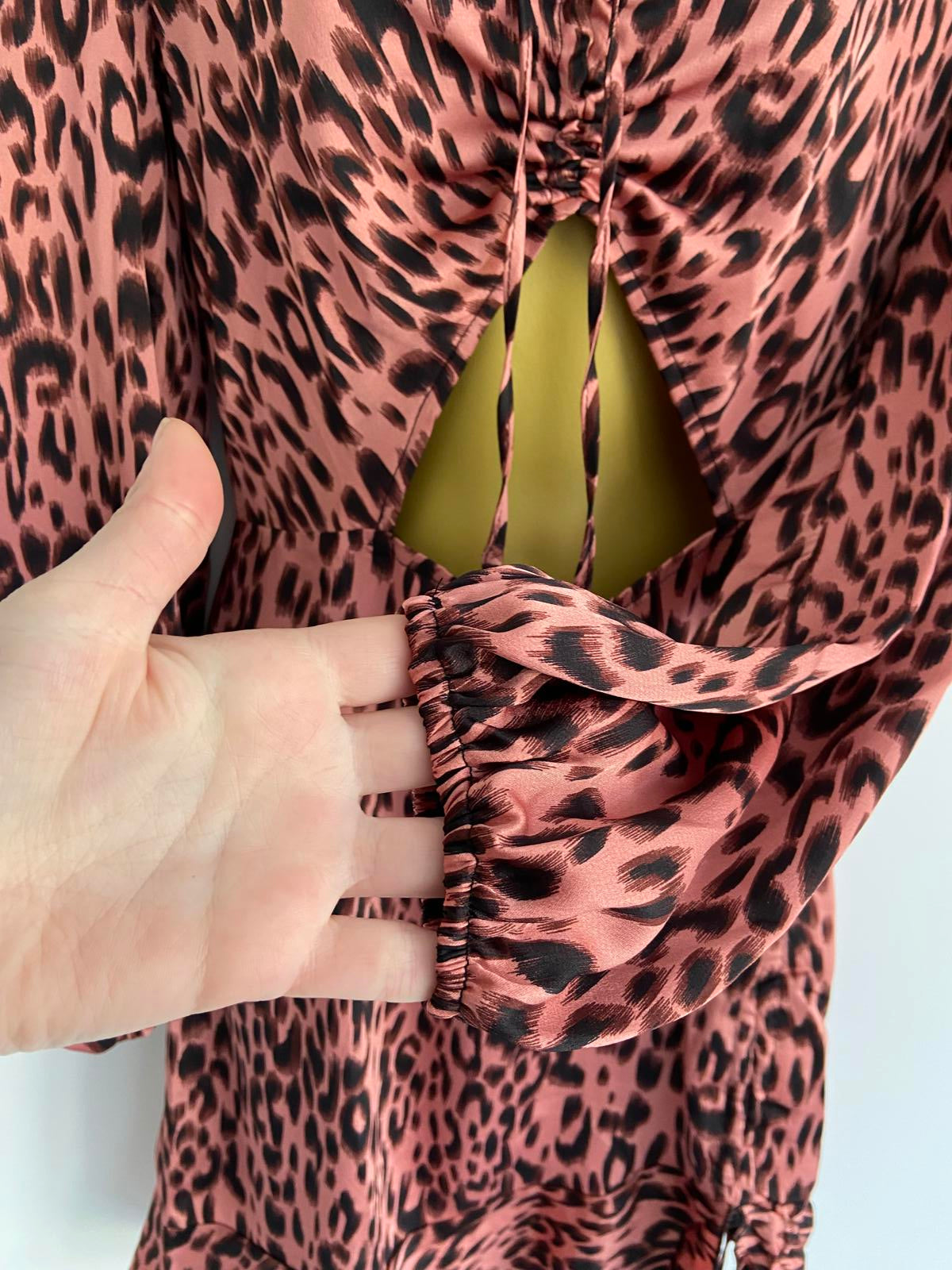 Ladies Pink Leopard Print Mini Dress - Long Sleeve, Size Small