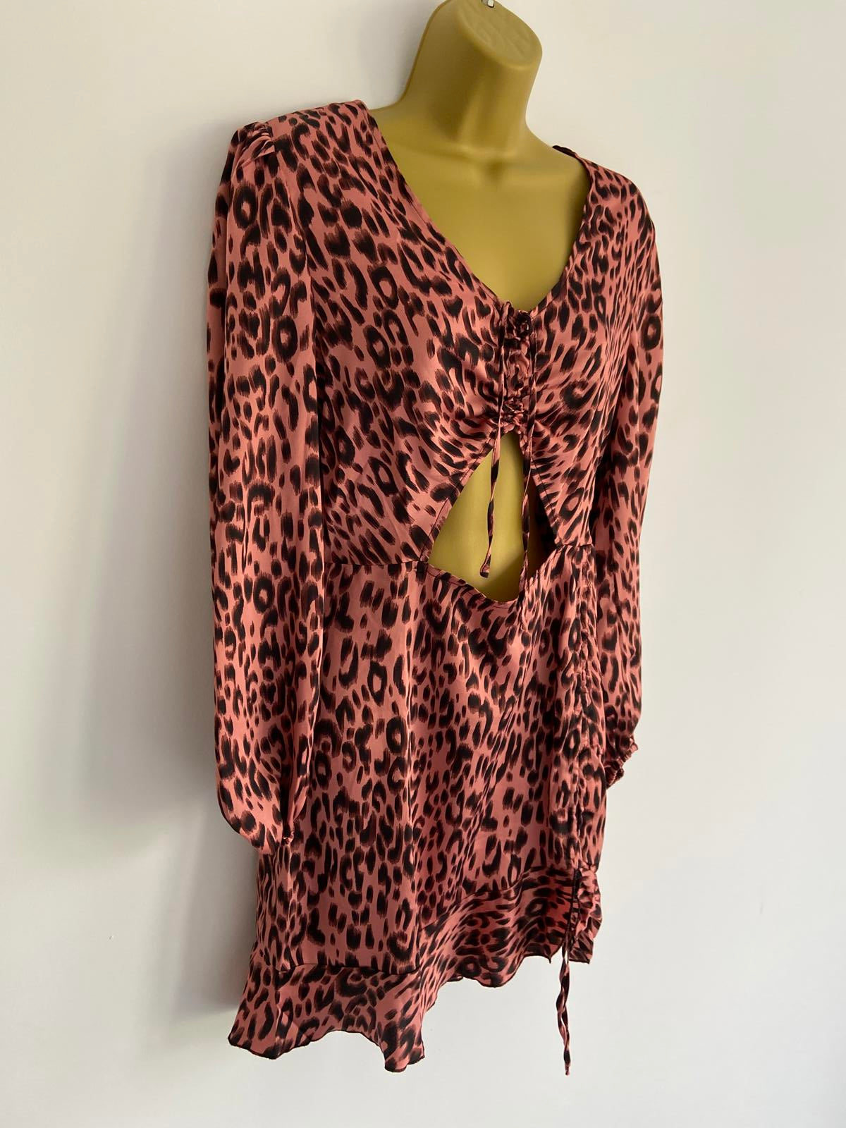 Ladies Pink Leopard Print Mini Dress - Long Sleeve, Size Small