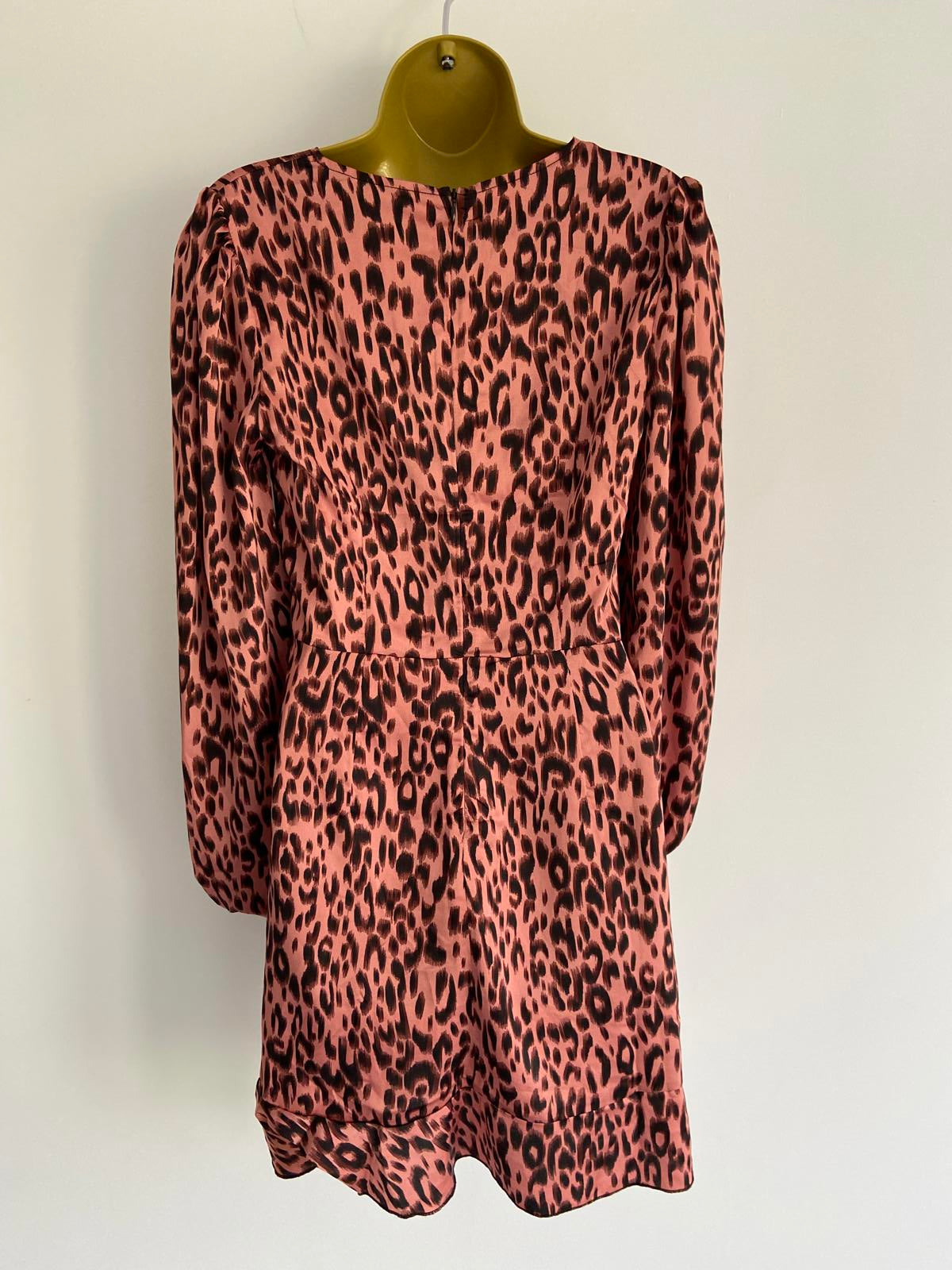 Ladies Pink Leopard Print Mini Dress - Long Sleeve, Size Small