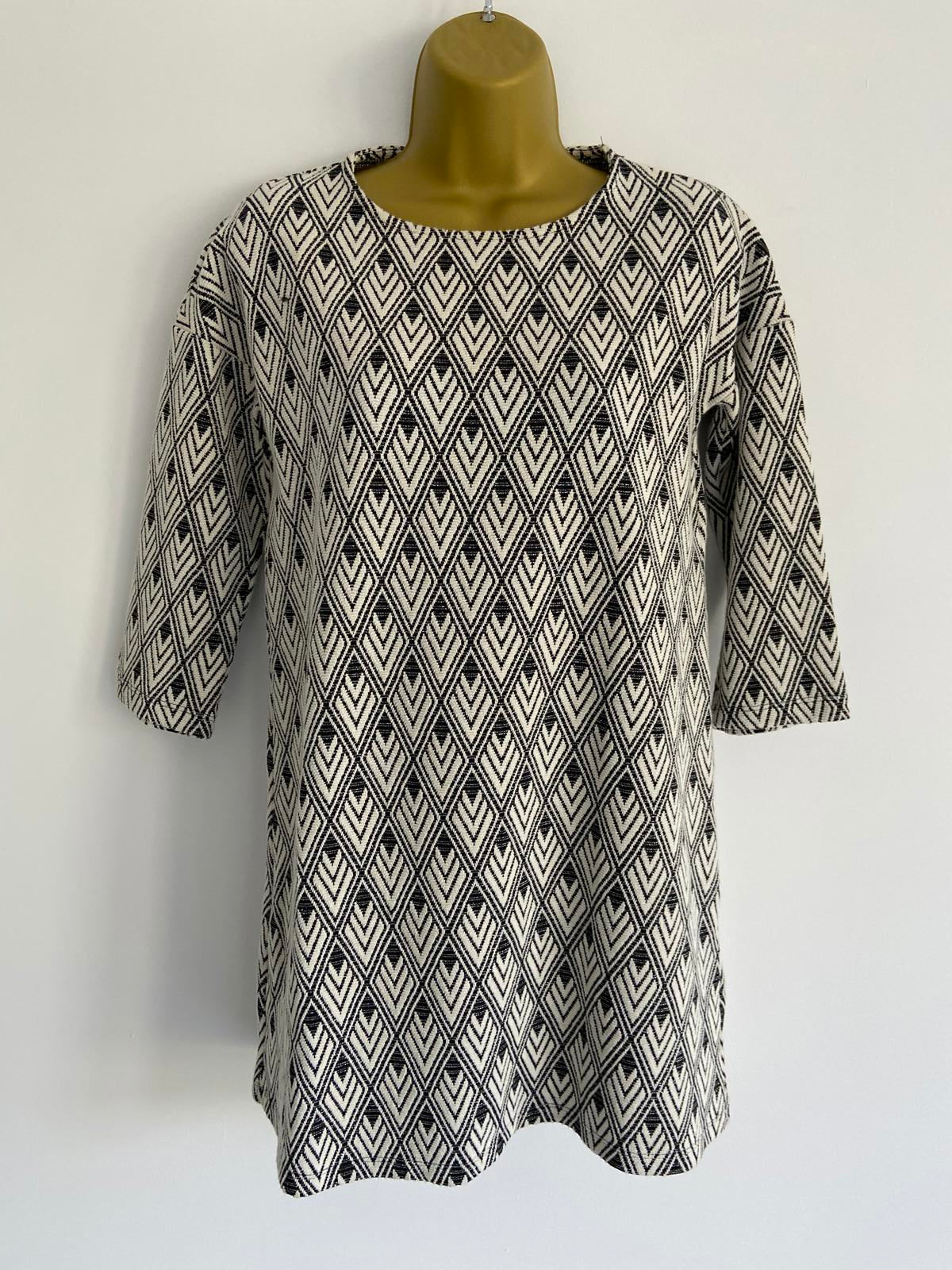Mango Basic Ladies Black & White Geometric Shift Dress - Size XS