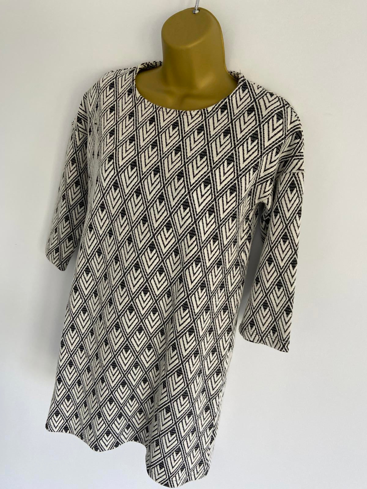 Mango Basic Ladies Black & White Geometric Shift Dress - Size XS