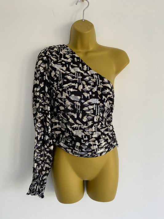 Mango Ladies Metallic Silver & Black One-Shoulder Top - Party Blouse, Size XS