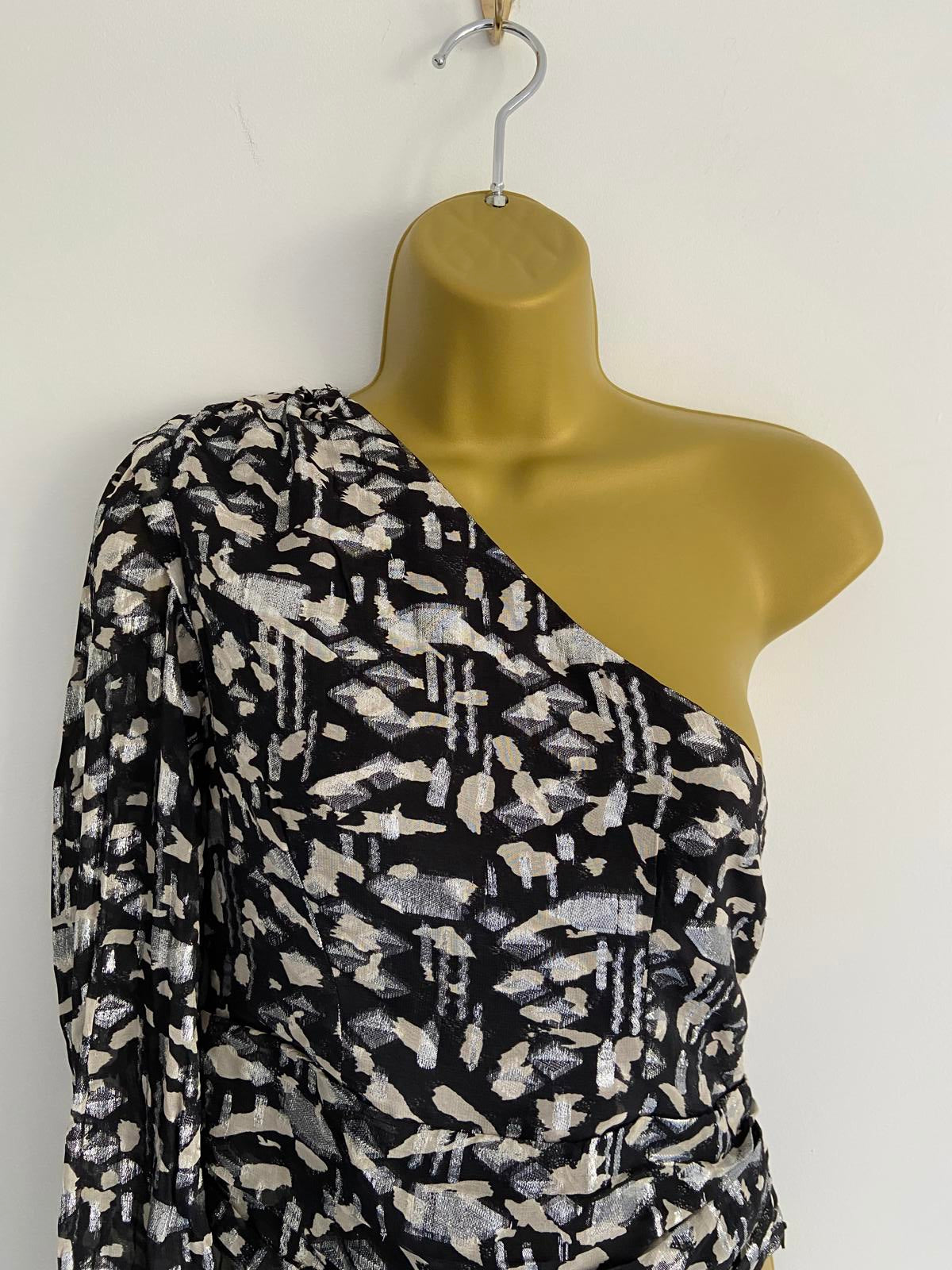 Mango Ladies Metallic Silver & Black One-Shoulder Top - Party Blouse, Size XS