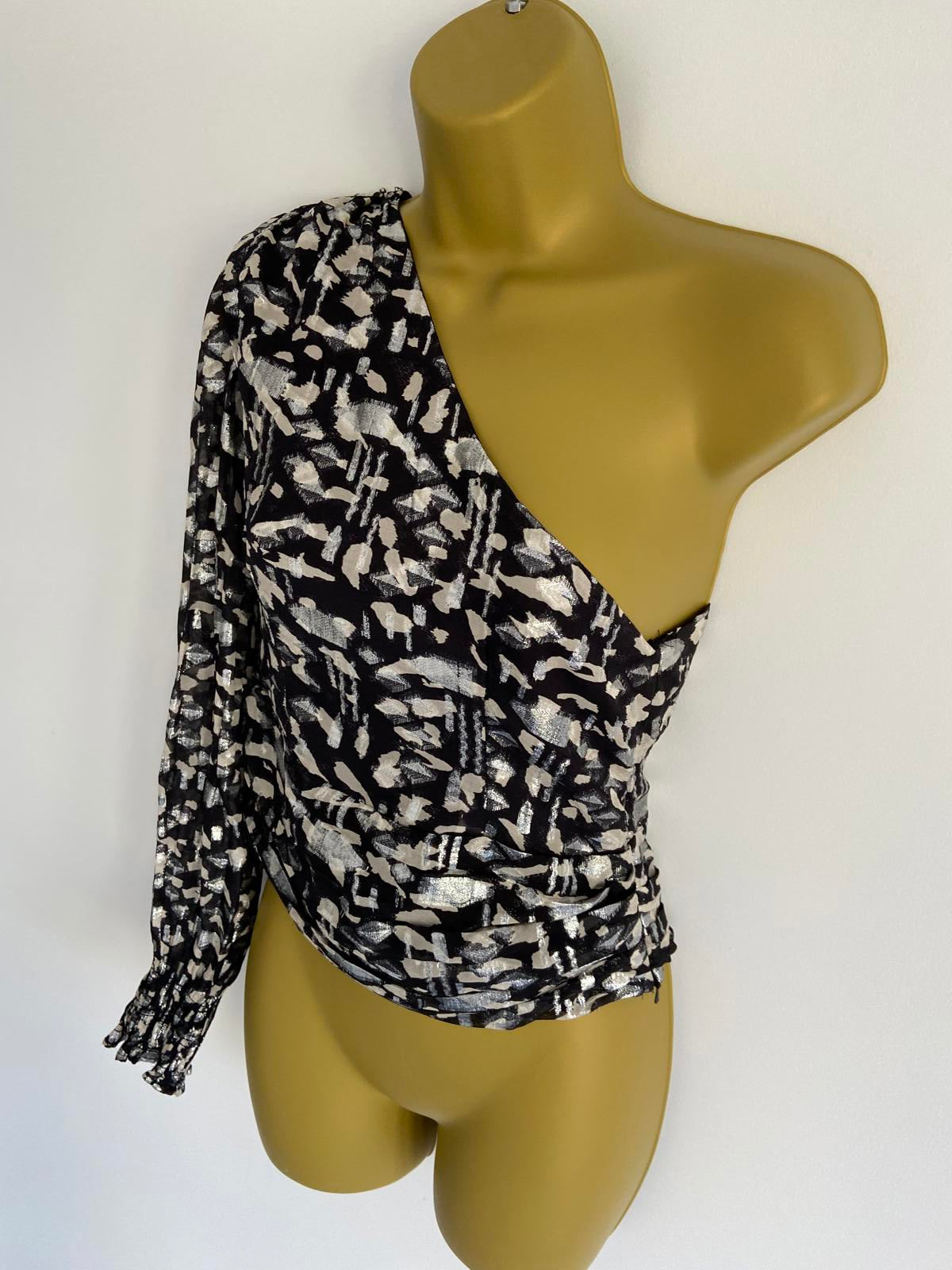 Mango Ladies Metallic Silver & Black One-Shoulder Top - Party Blouse, Size XS