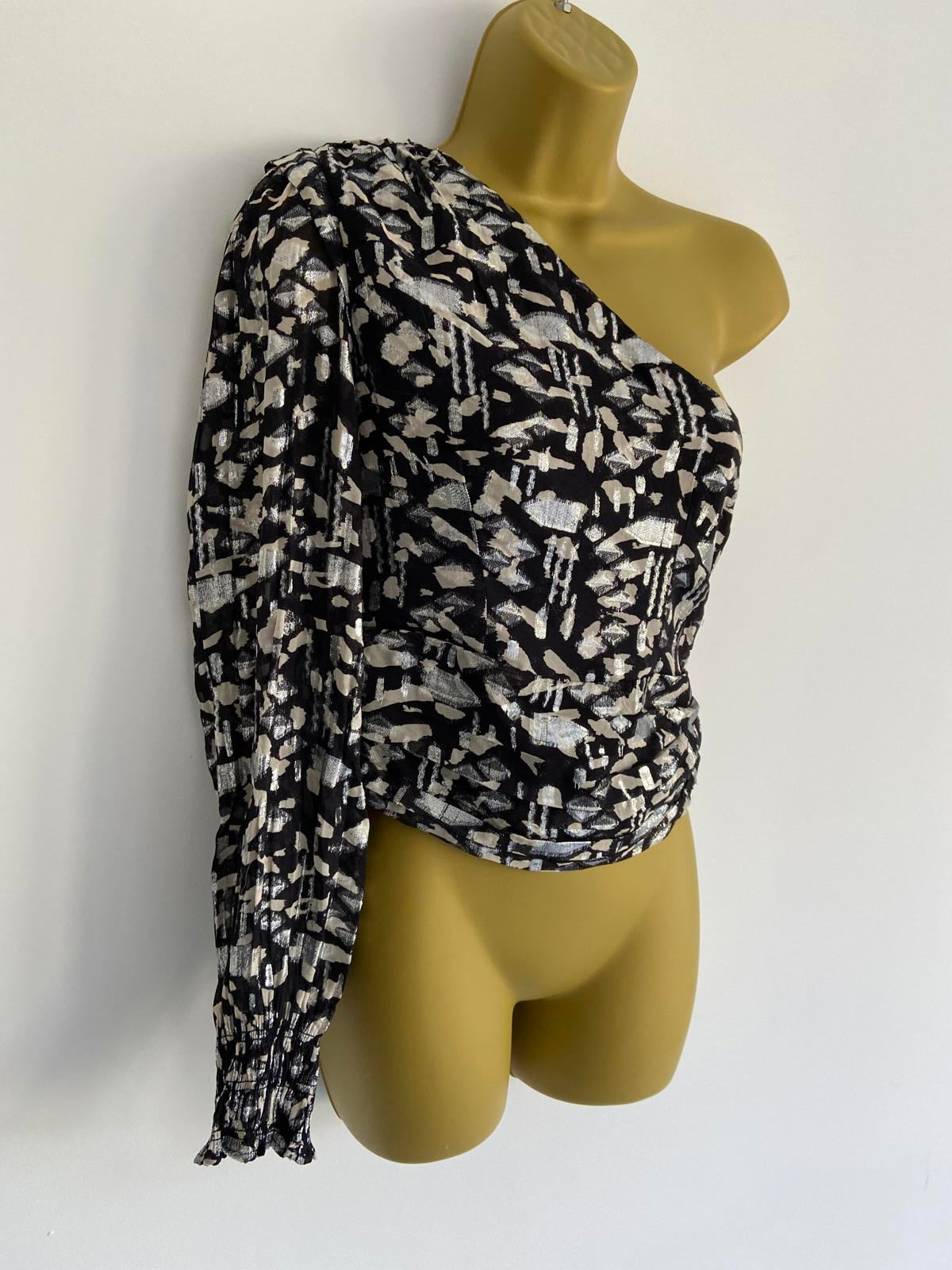 Mango Ladies Metallic Silver & Black One-Shoulder Top - Party Blouse, Size XS