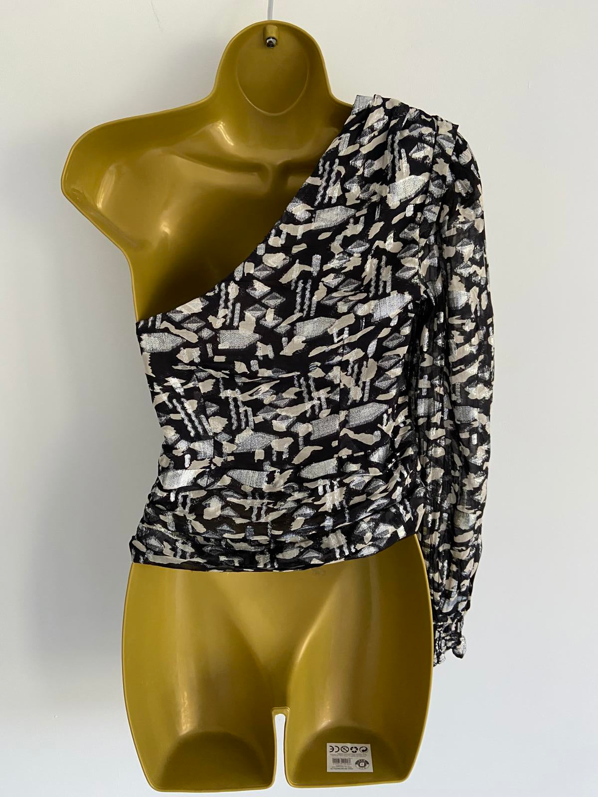 Mango Ladies Metallic Silver & Black One-Shoulder Top - Party Blouse, Size XS