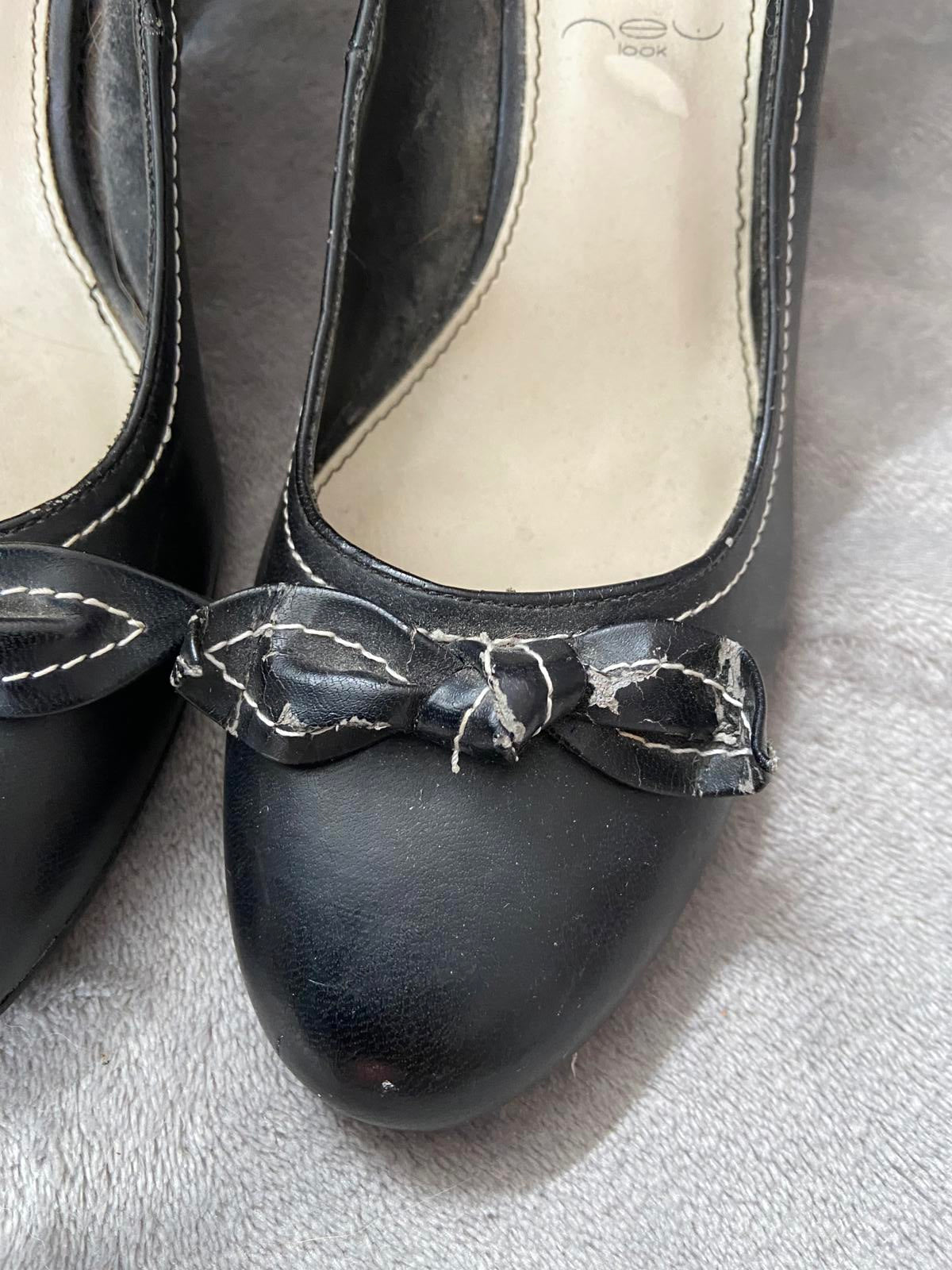 New Look Size 6 Black Heels White Contrast Stitching Bow Detail 9cm Heel