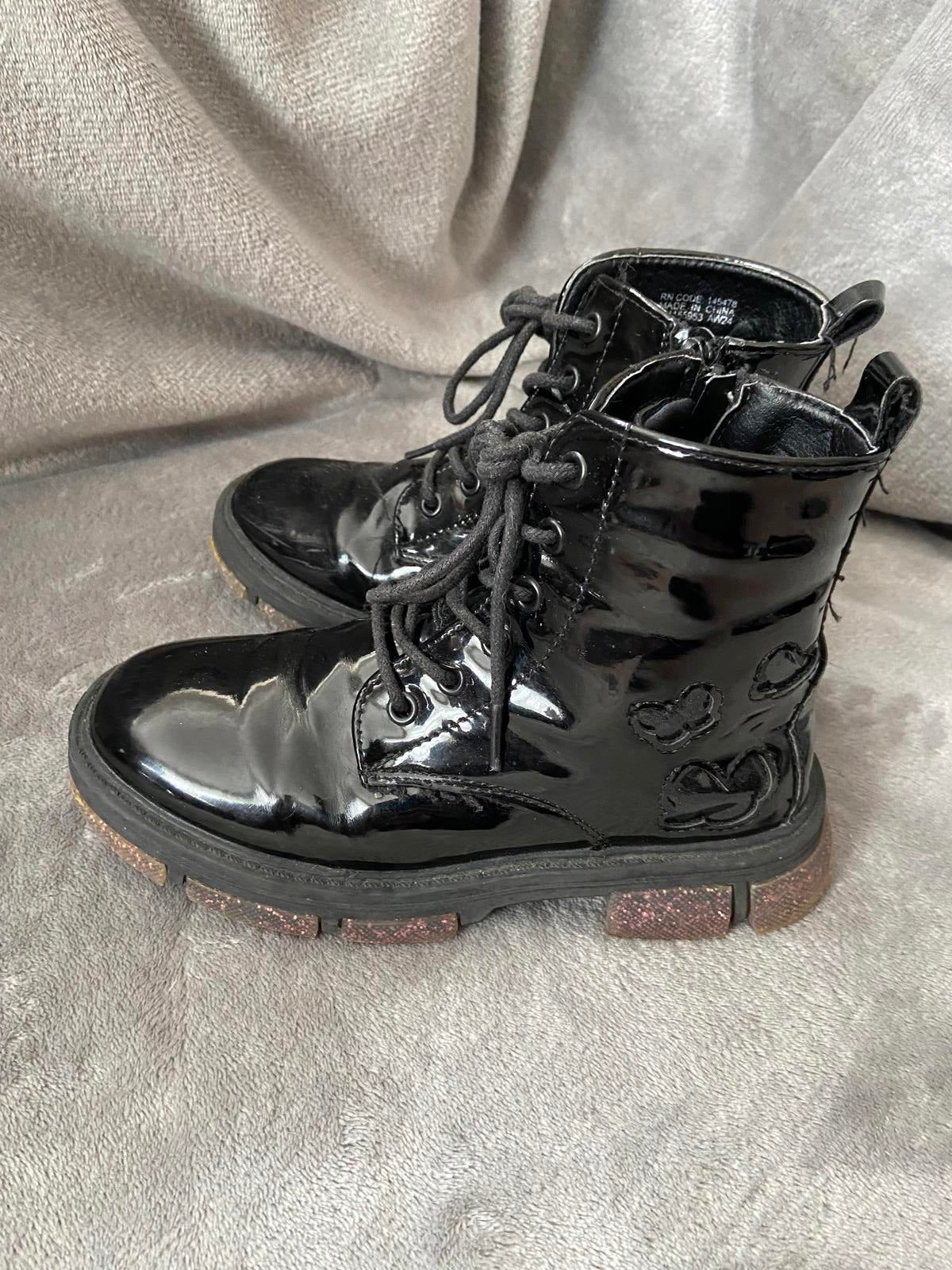 Girls Size 13 Black Patent Lace-Up Boots Glitter Sole Butterfly Detail