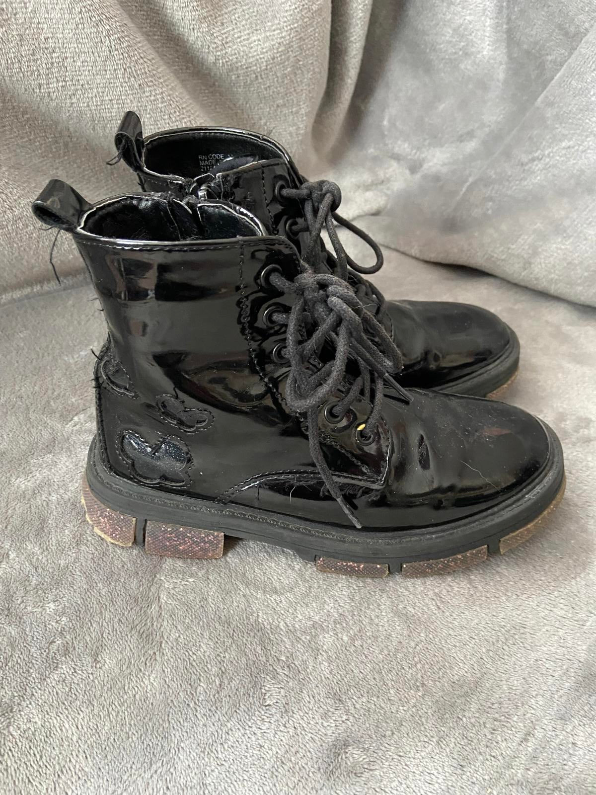 Girls Size 13 Black Patent Lace-Up Boots Glitter Sole Butterfly Detail