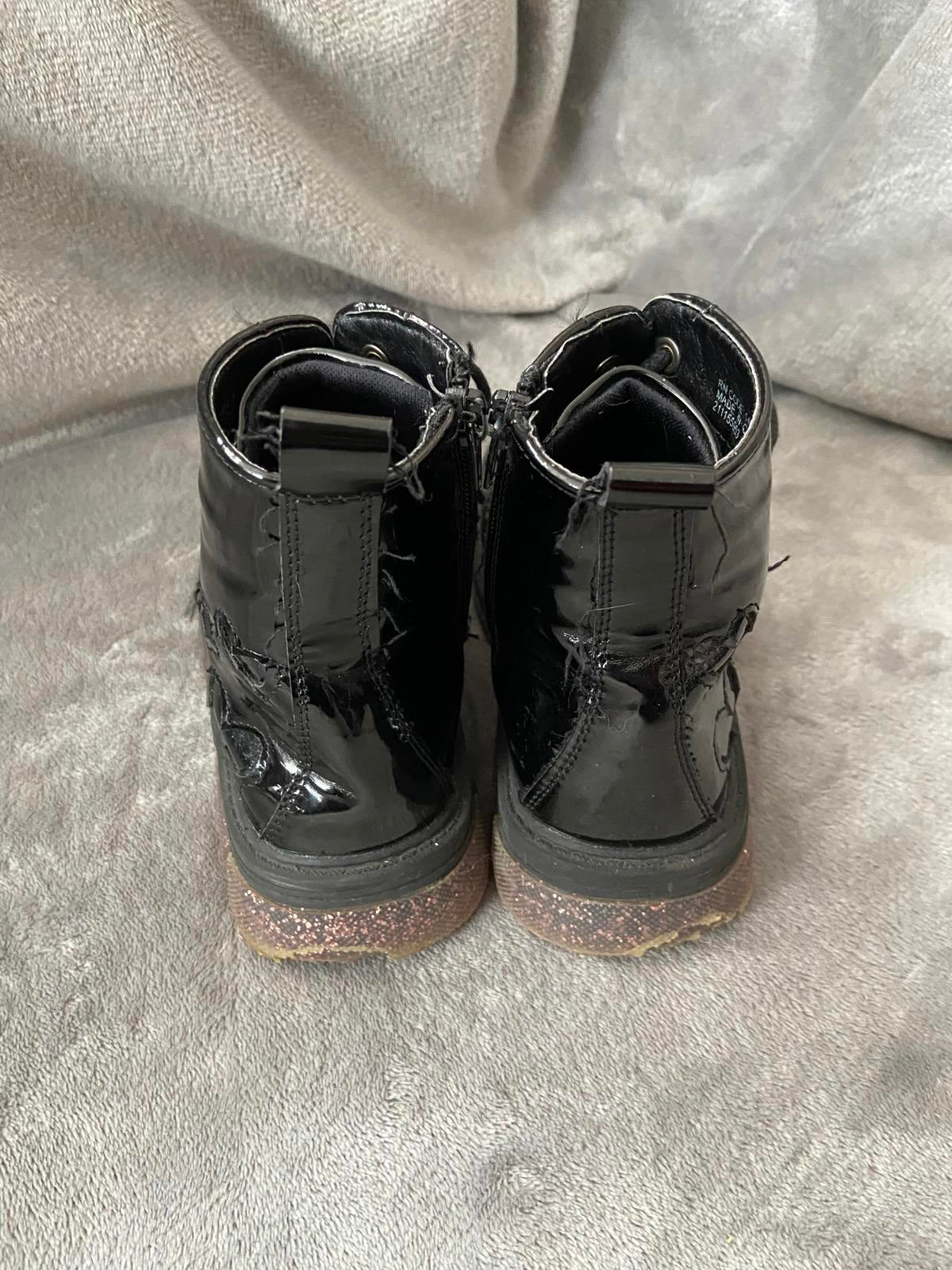 Girls Size 13 Black Patent Lace-Up Boots Glitter Sole Butterfly Detail