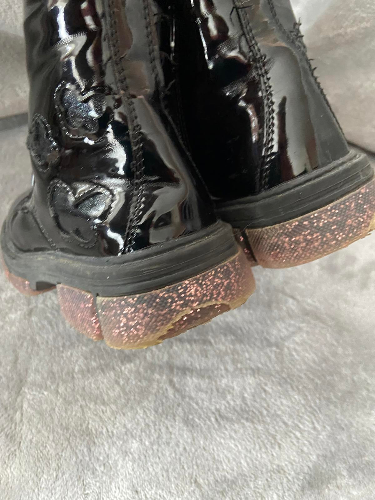 Girls Size 13 Black Patent Lace-Up Boots Glitter Sole Butterfly Detail