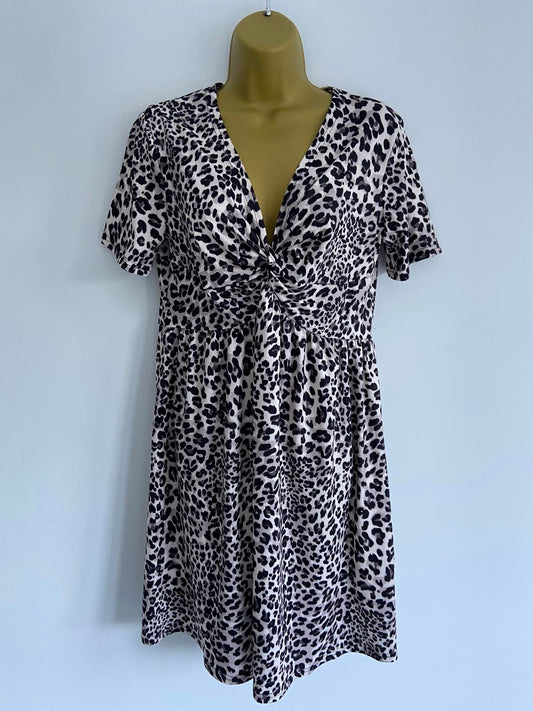 Ladies Leopard Print Twist-Front Tea Dress - Animal Print, Stretchy, Size Large