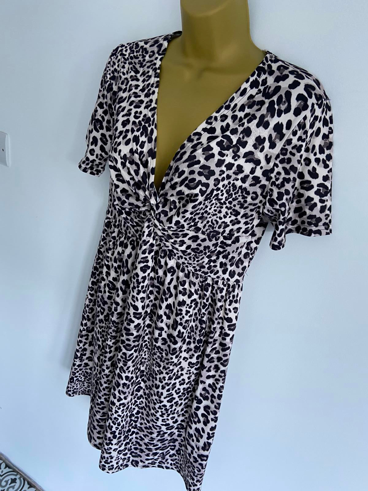 Ladies Leopard Print Twist-Front Tea Dress - Animal Print, Stretchy, Size Large