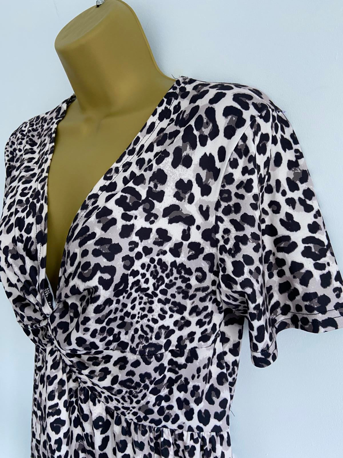 Ladies Leopard Print Twist-Front Tea Dress - Animal Print, Stretchy, Size Large