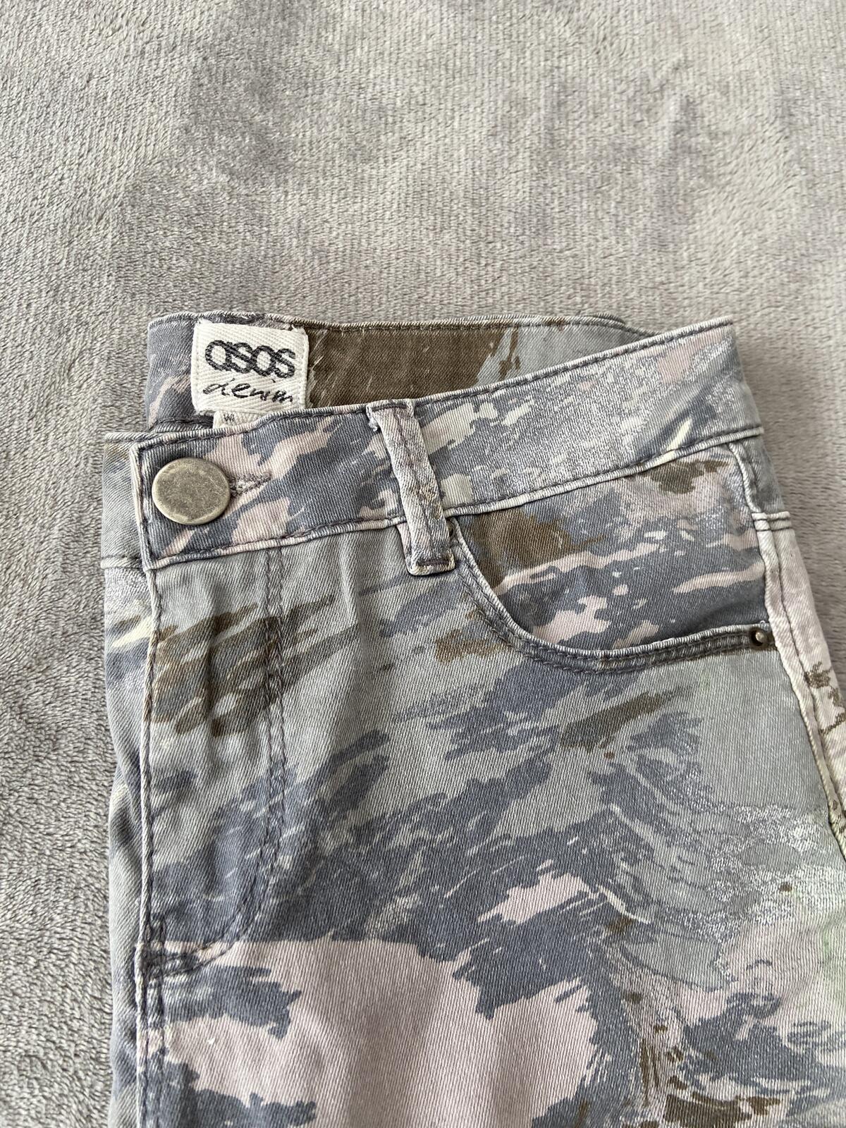 ASOS Camo Print Slim-Fit Trousers Size 6 Grey Green Dusty Pink Jeans