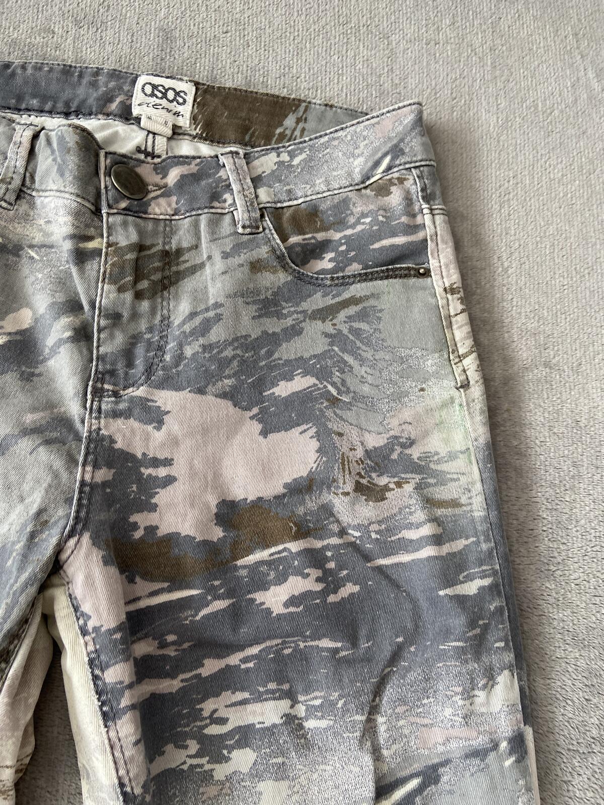 ASOS Camo Print Slim-Fit Trousers Size 6 Grey Green Dusty Pink Jeans