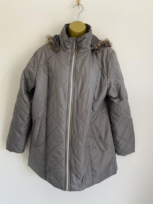 Anne de Lancay Women’s Silver Quilted Lightweight Coat With Fur Hood Size M