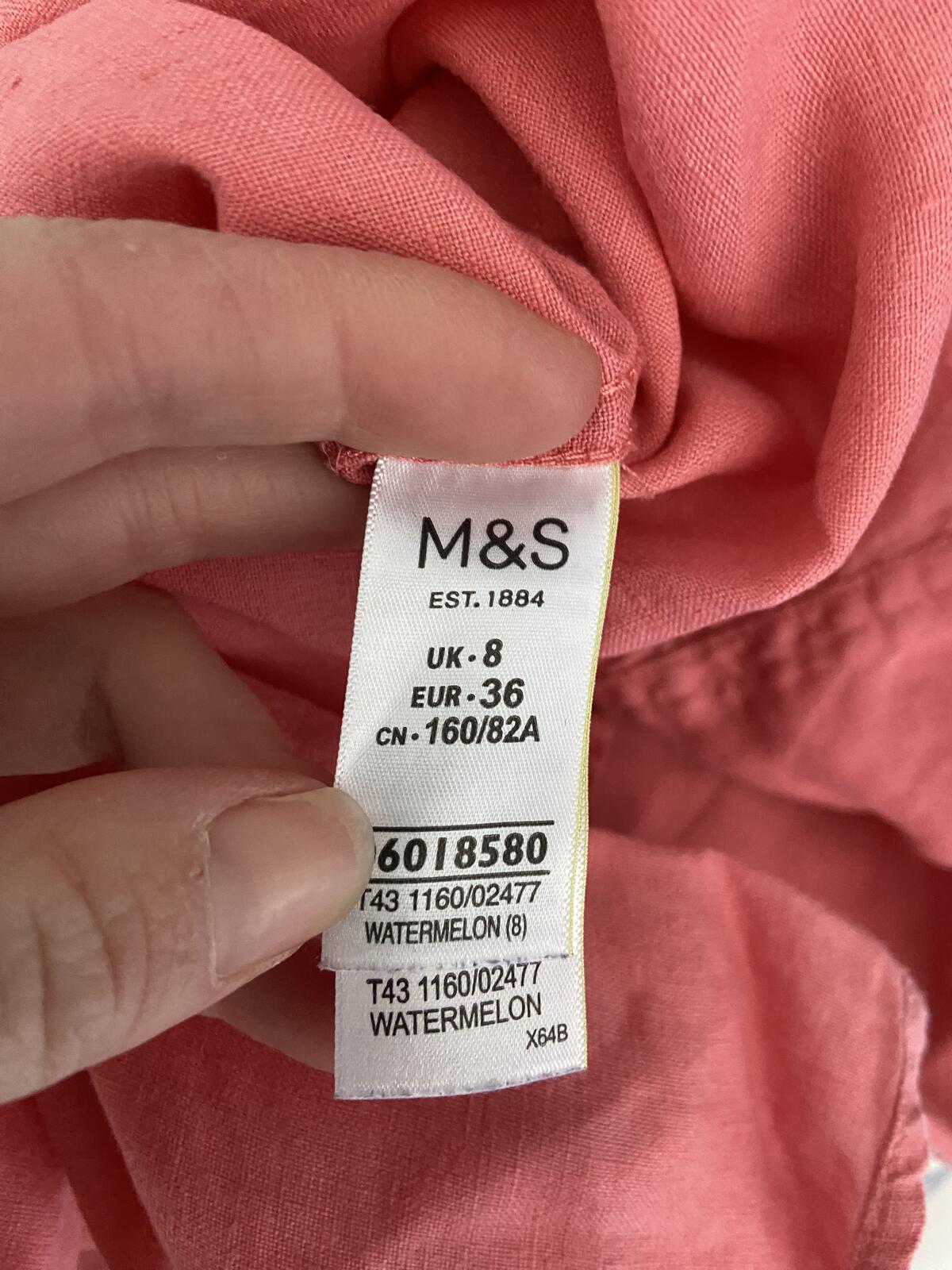 M&S Women’s Watermelon Pink Linen-Look Long Sleeve Blouse Size 8