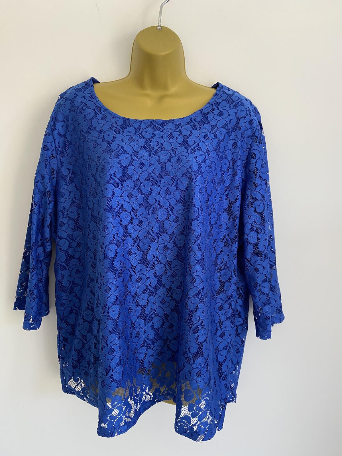 Royal Blue Lace Blouse Women’s UK Size 24 Fully Lined Scallop Neck
